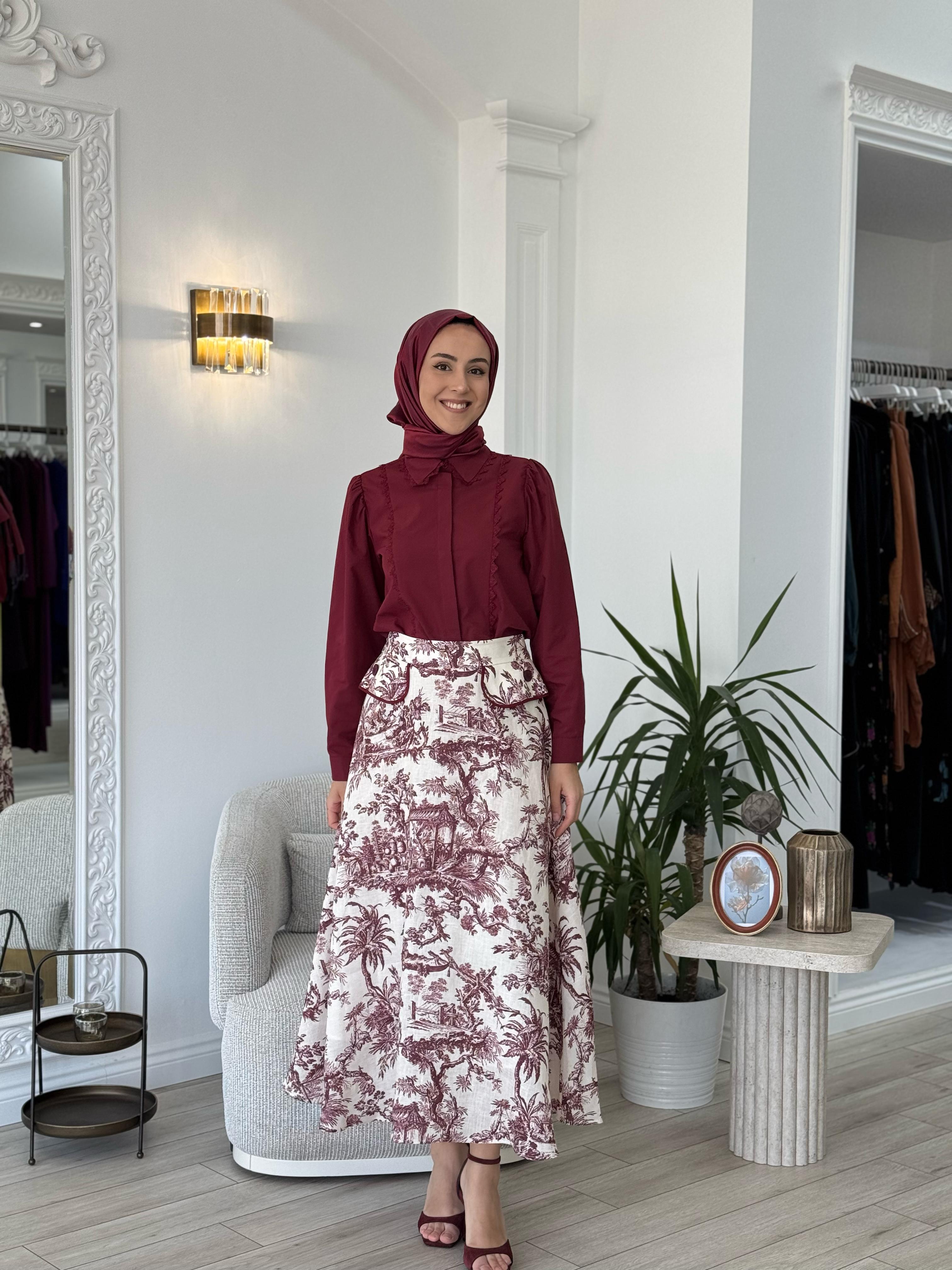 Kahma Desenli Etek Bordo 25y29158