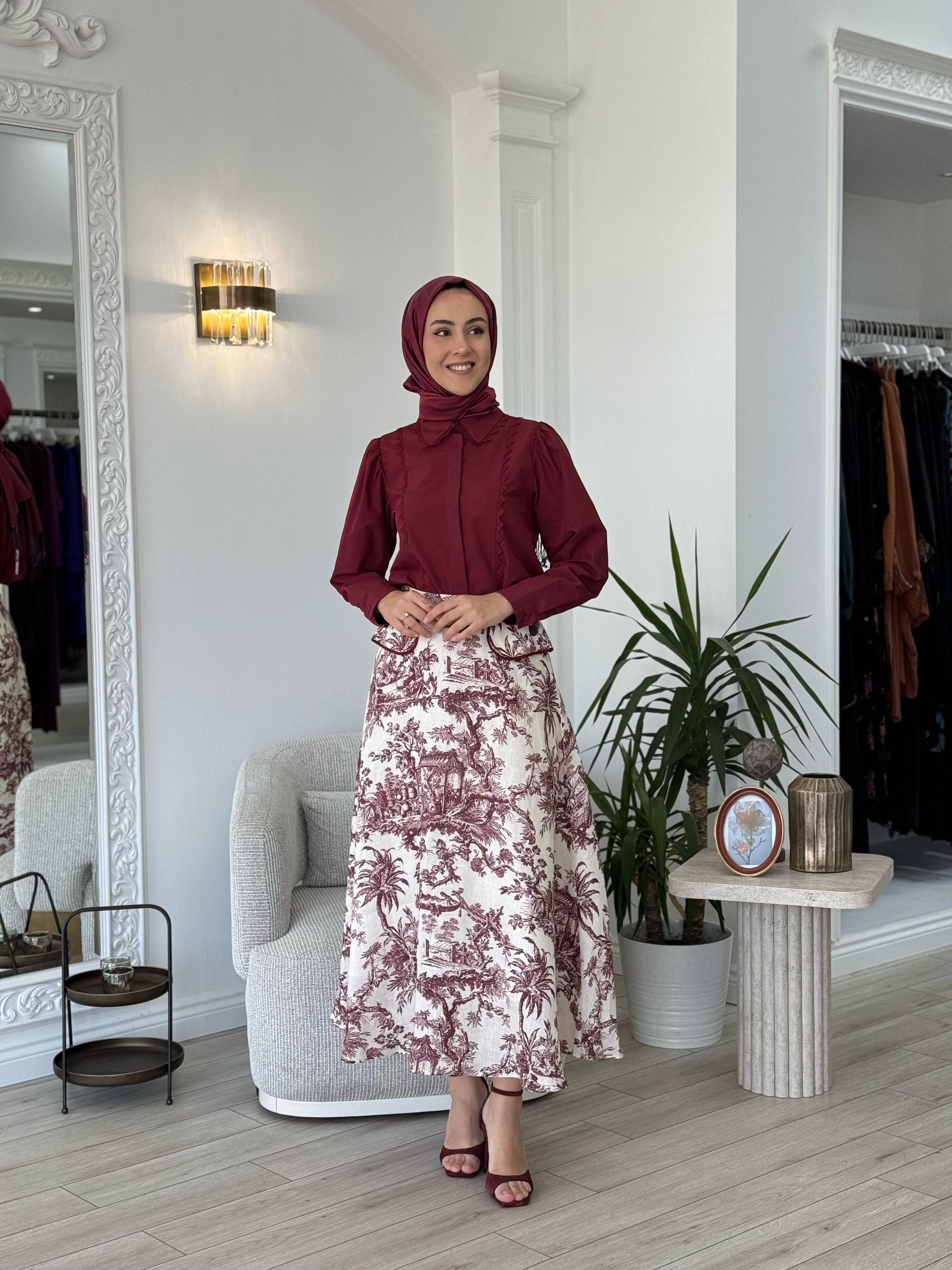 Kahma Desenli Etek Bordo 25y29158