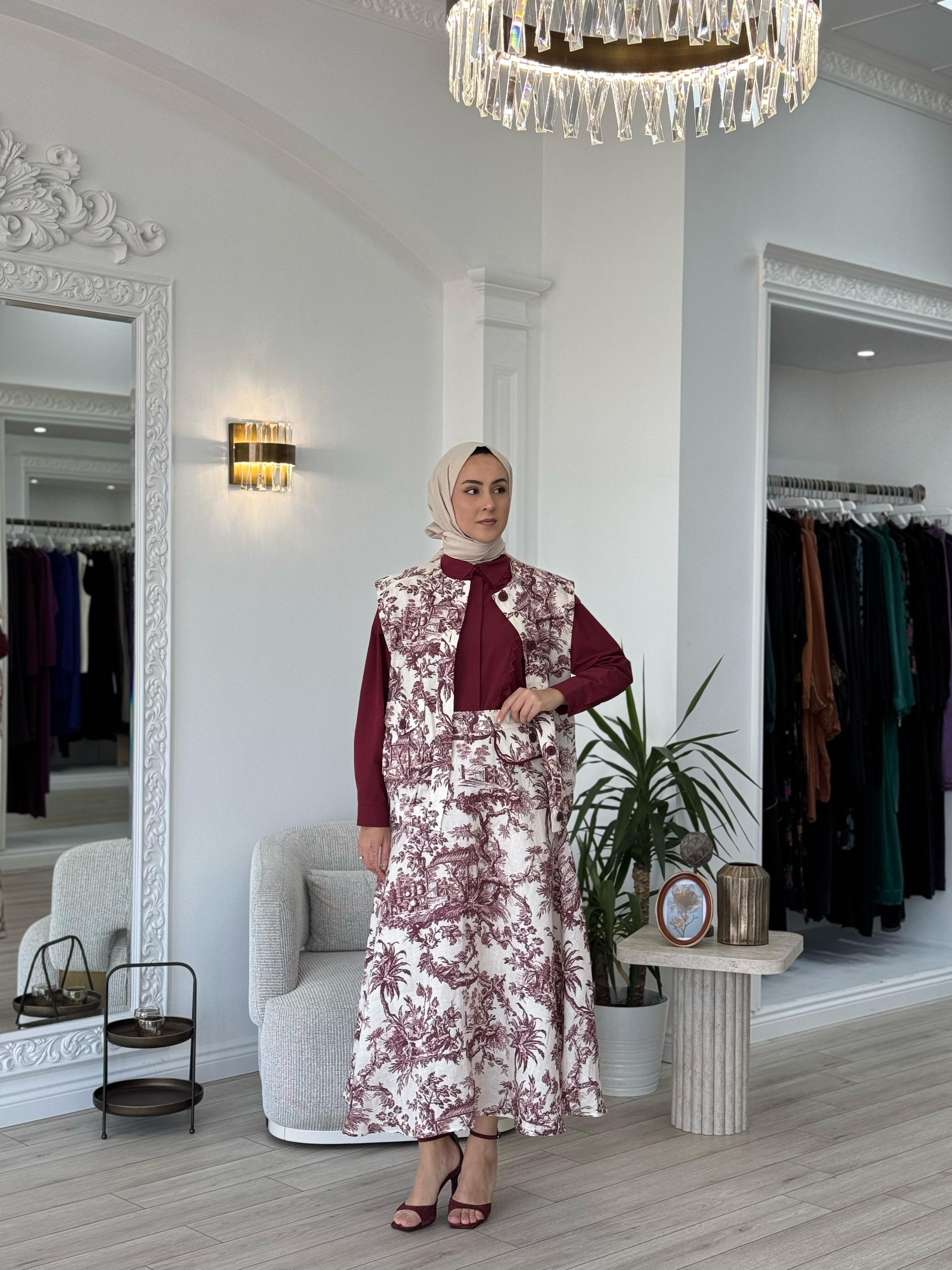 Kahma Desenli Etek Bordo 25y29158