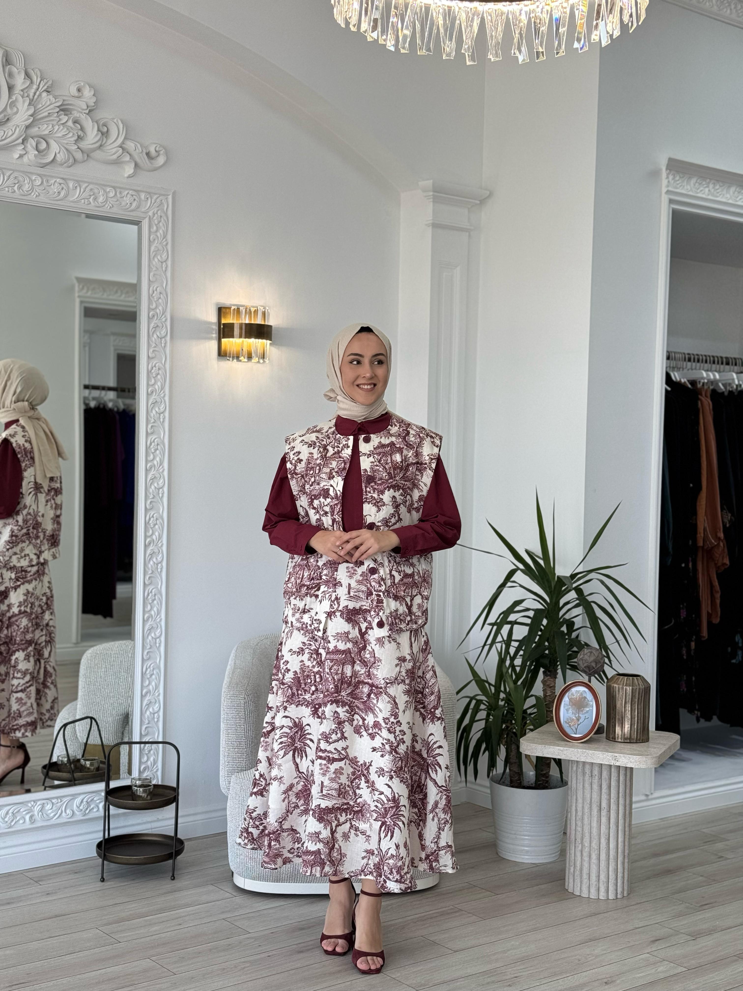 Kahma Desenli Etek Bordo 25y29158