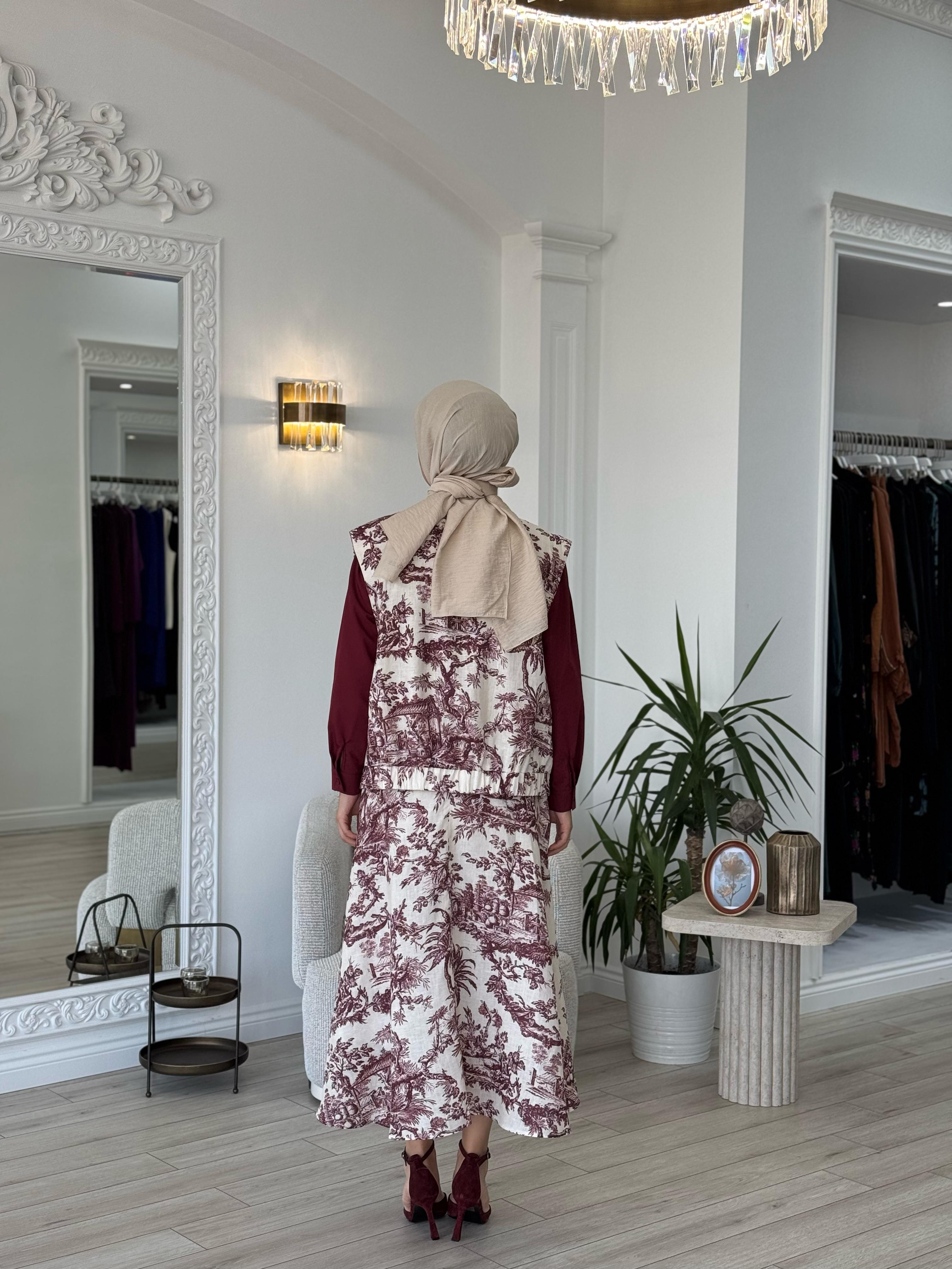 Kahma Desenli Etek Bordo 25y29158
