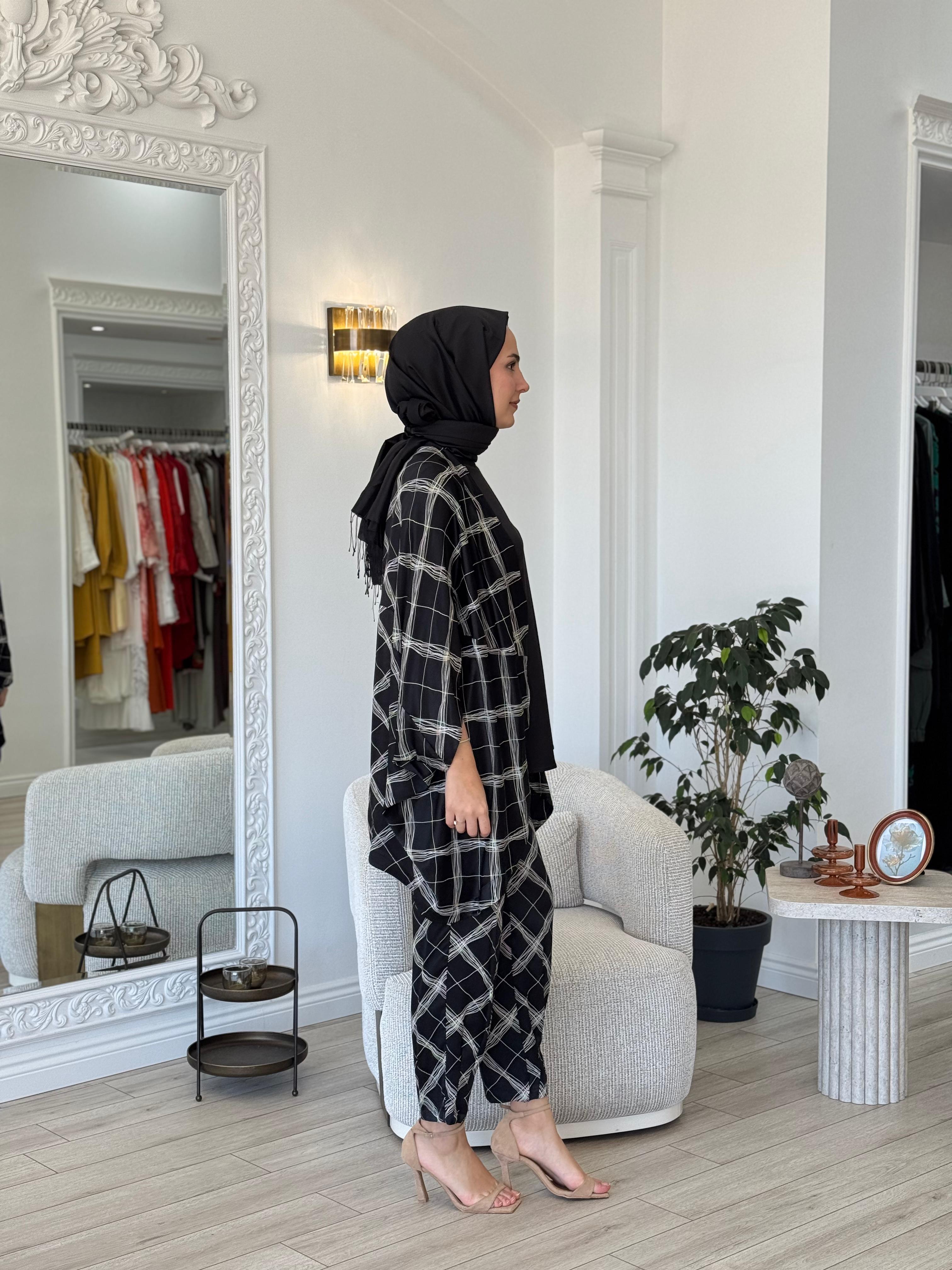 Kahma Kare Desenli Takım Siyah 24y25049