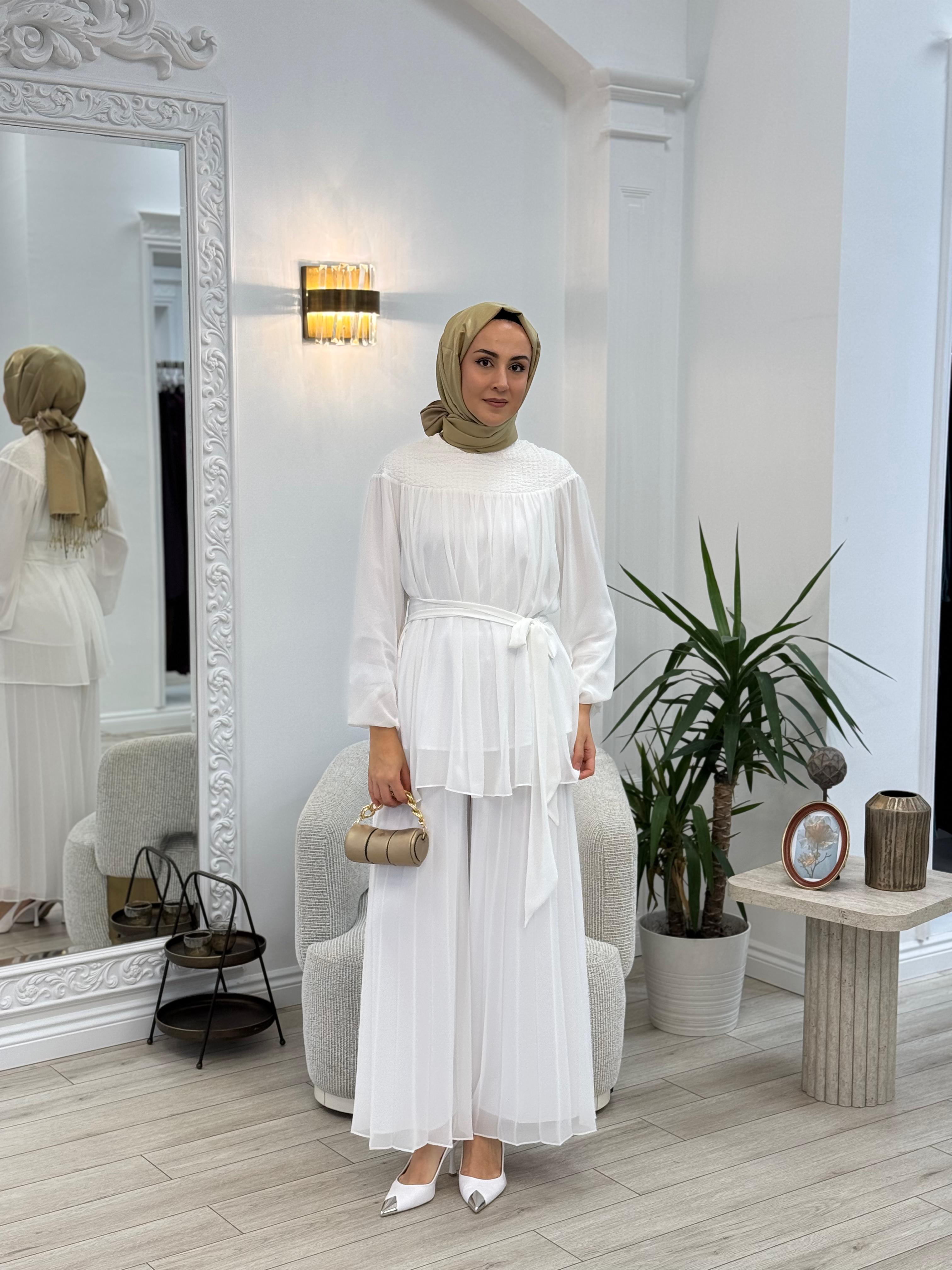Kahma Piliseli Şifon Detaylı Pantolon Beyaz 25y11169