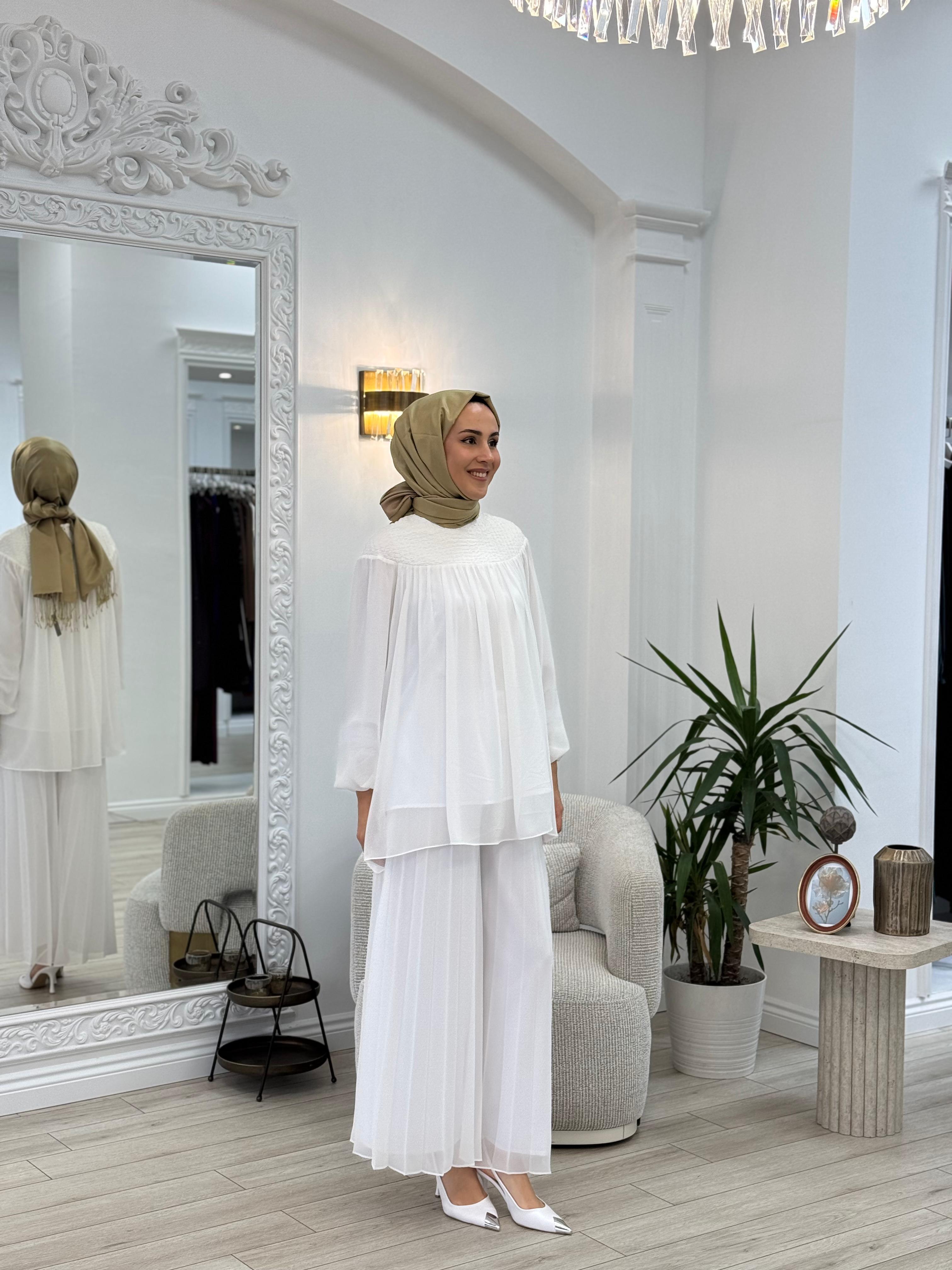 Kahma Piliseli Şifon Detaylı Pantolon Beyaz 25y11169
