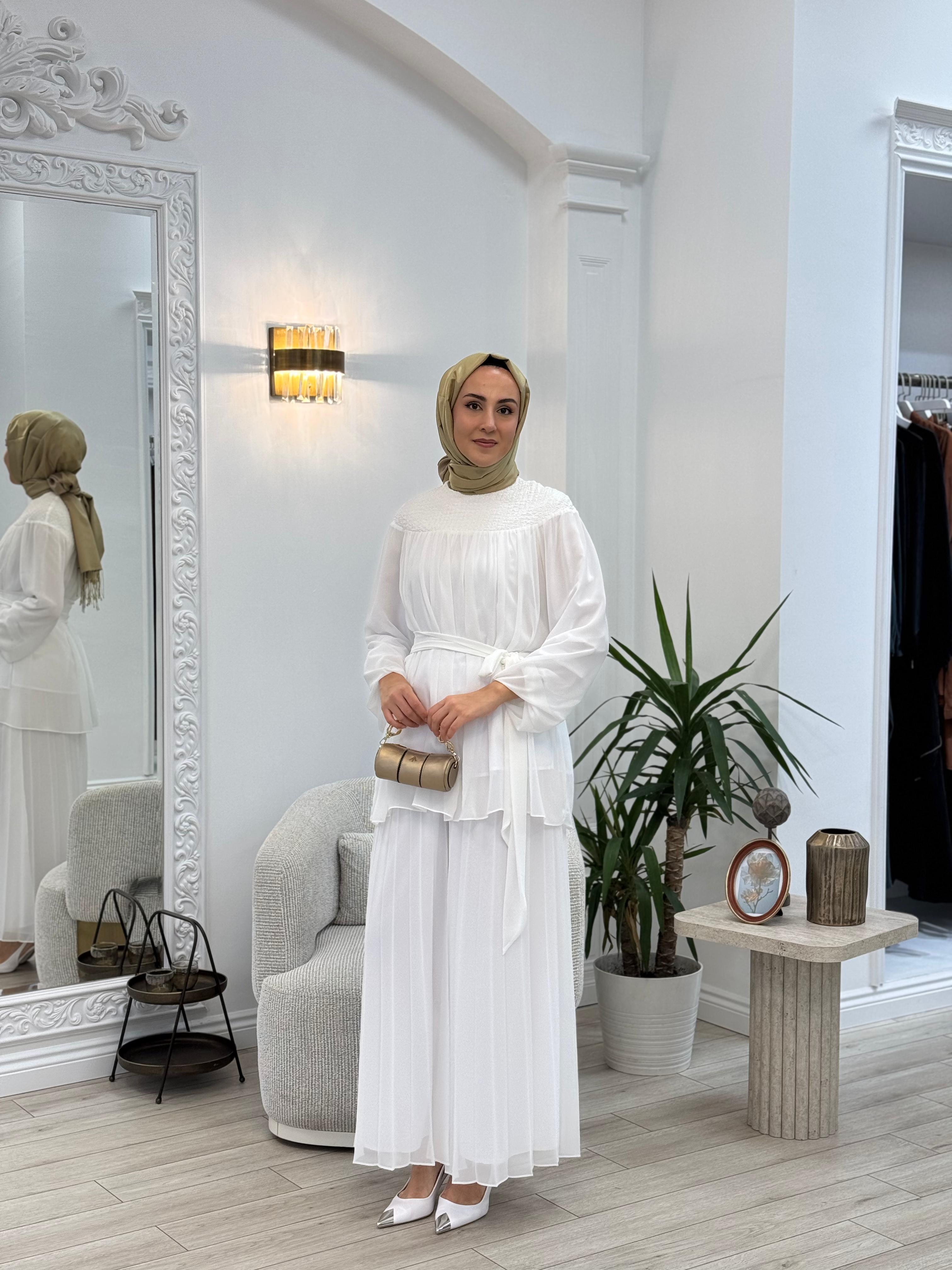 Kahma Piliseli Şifon Detaylı Pantolon Beyaz 25y11169