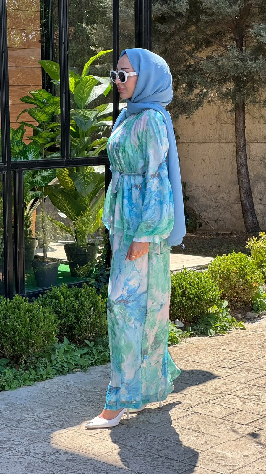 Kahma Şifon Desenli Takım Mavi 25y17164