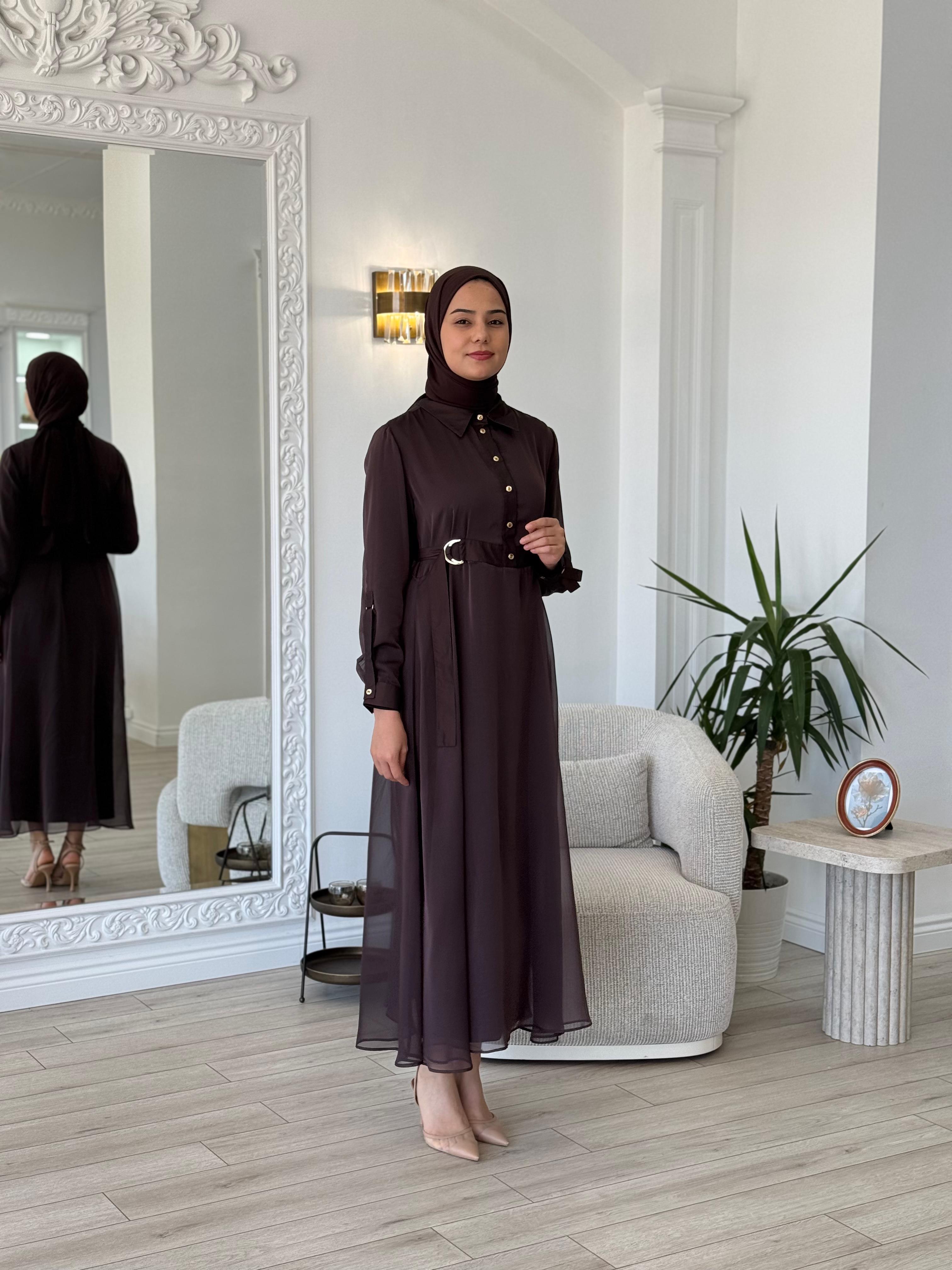 Kahma Şifon Detaylı İkili Elbise Kahverengi 25y13150