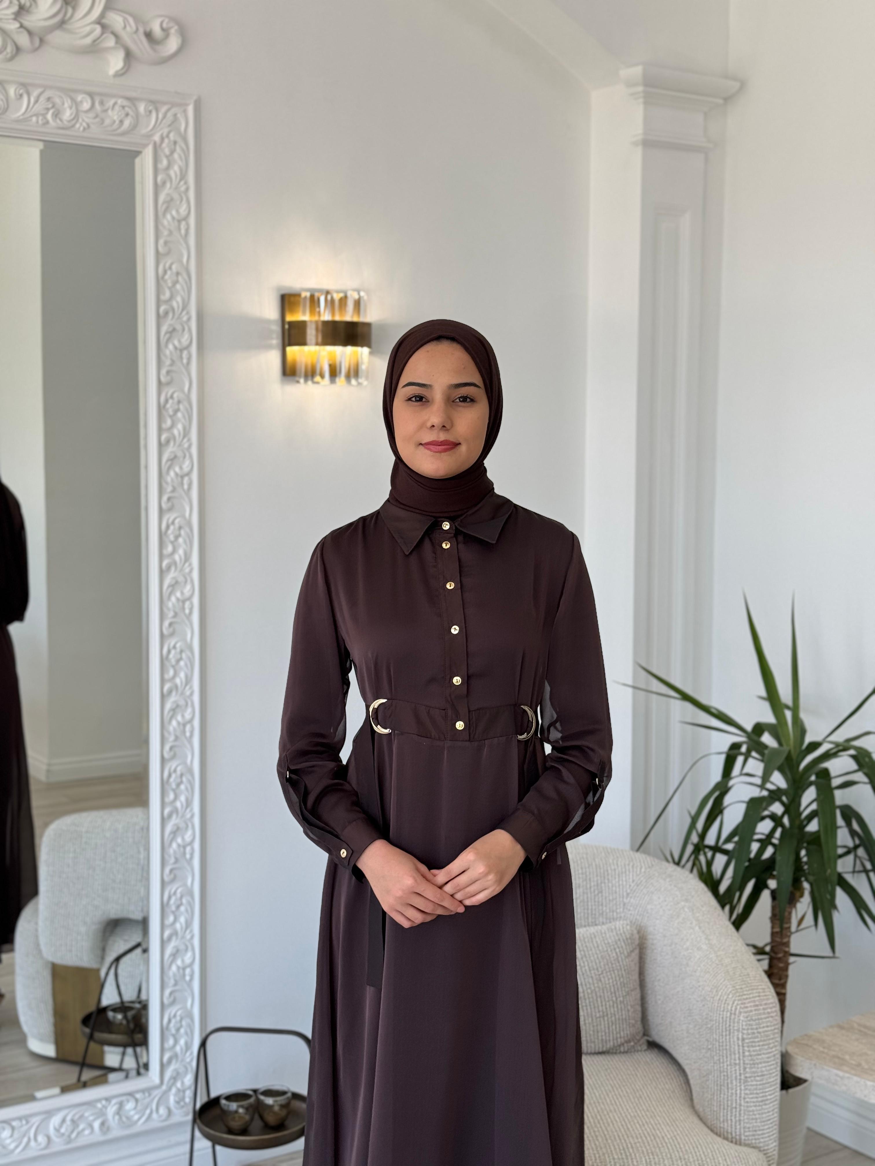 Kahma Şifon Detaylı İkili Elbise Kahverengi 25y13150