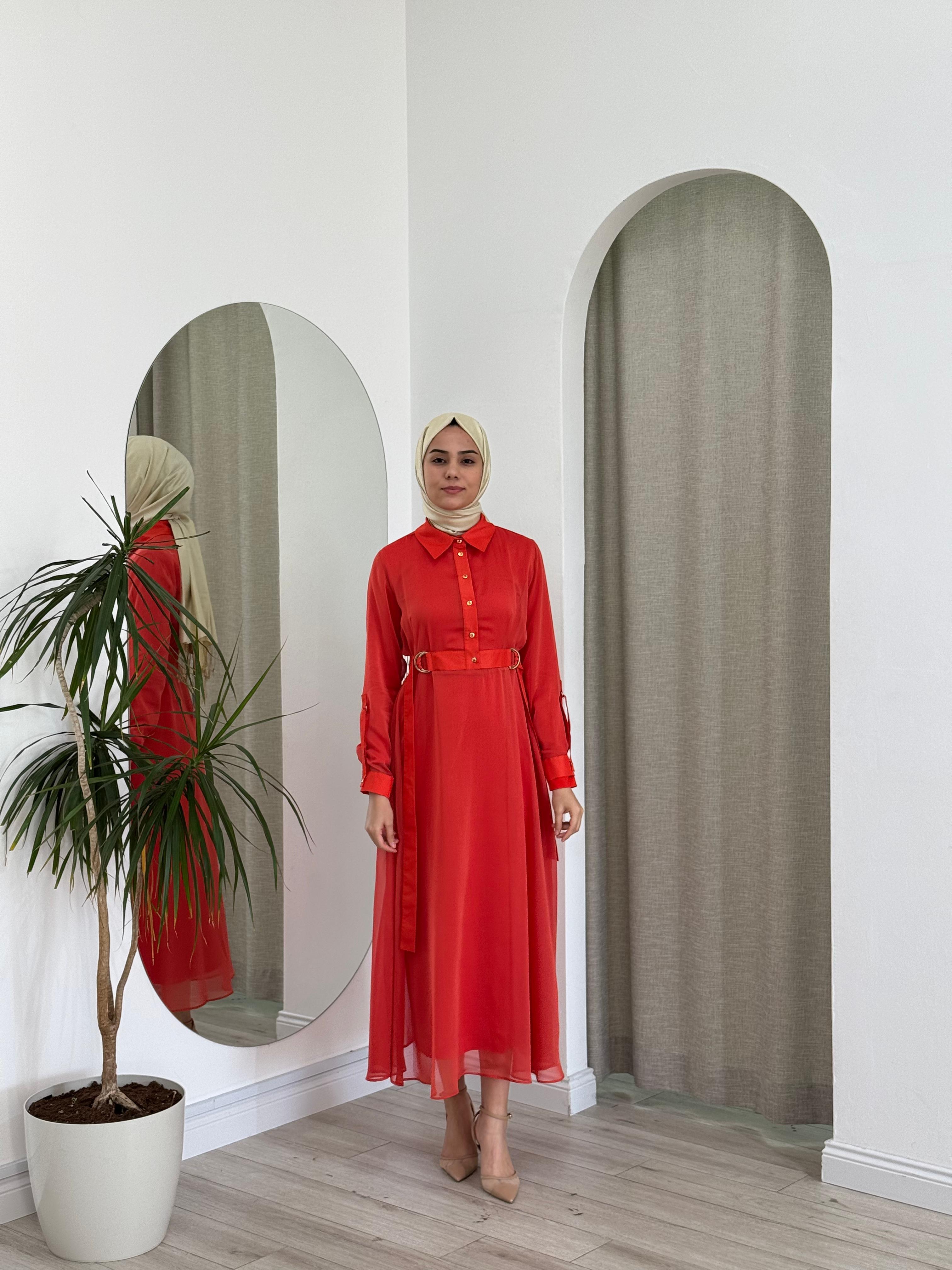Kahma Şifon Detaylı İkili Elbise Mercan 25y13150