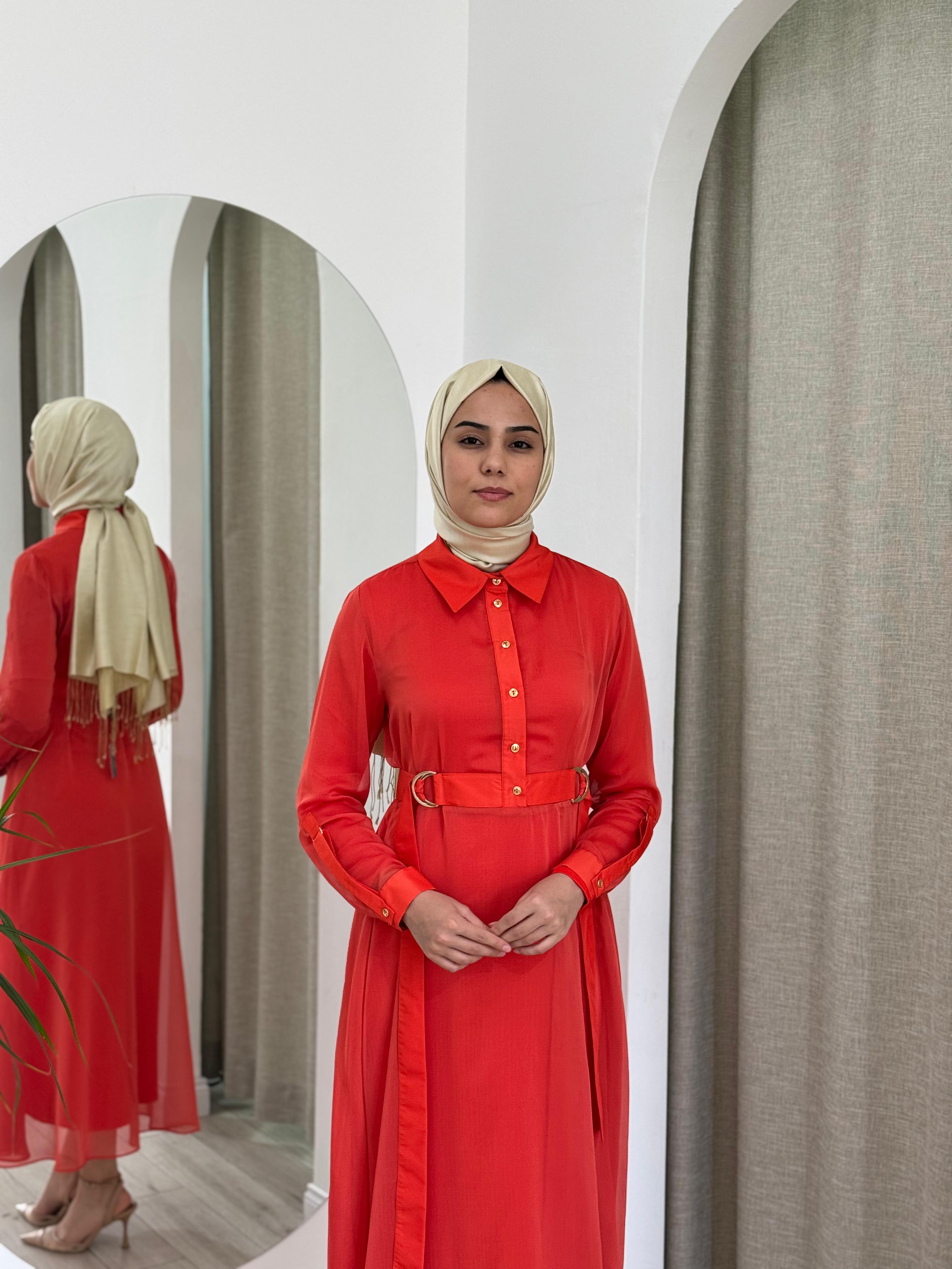 Kahma Şifon Detaylı İkili Elbise Mercan 25y13150