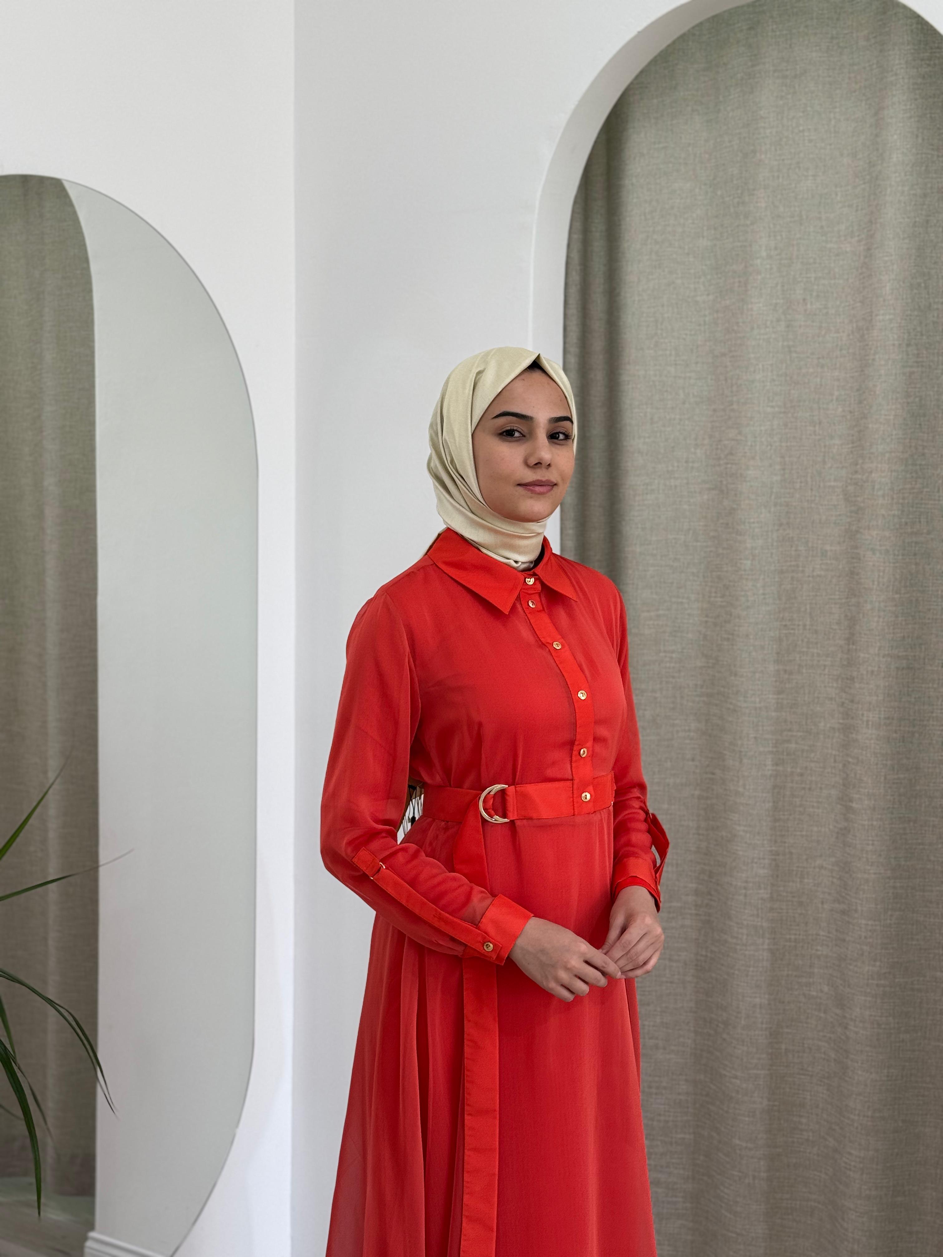 Kahma Şifon Detaylı İkili Elbise Mercan 25y13150