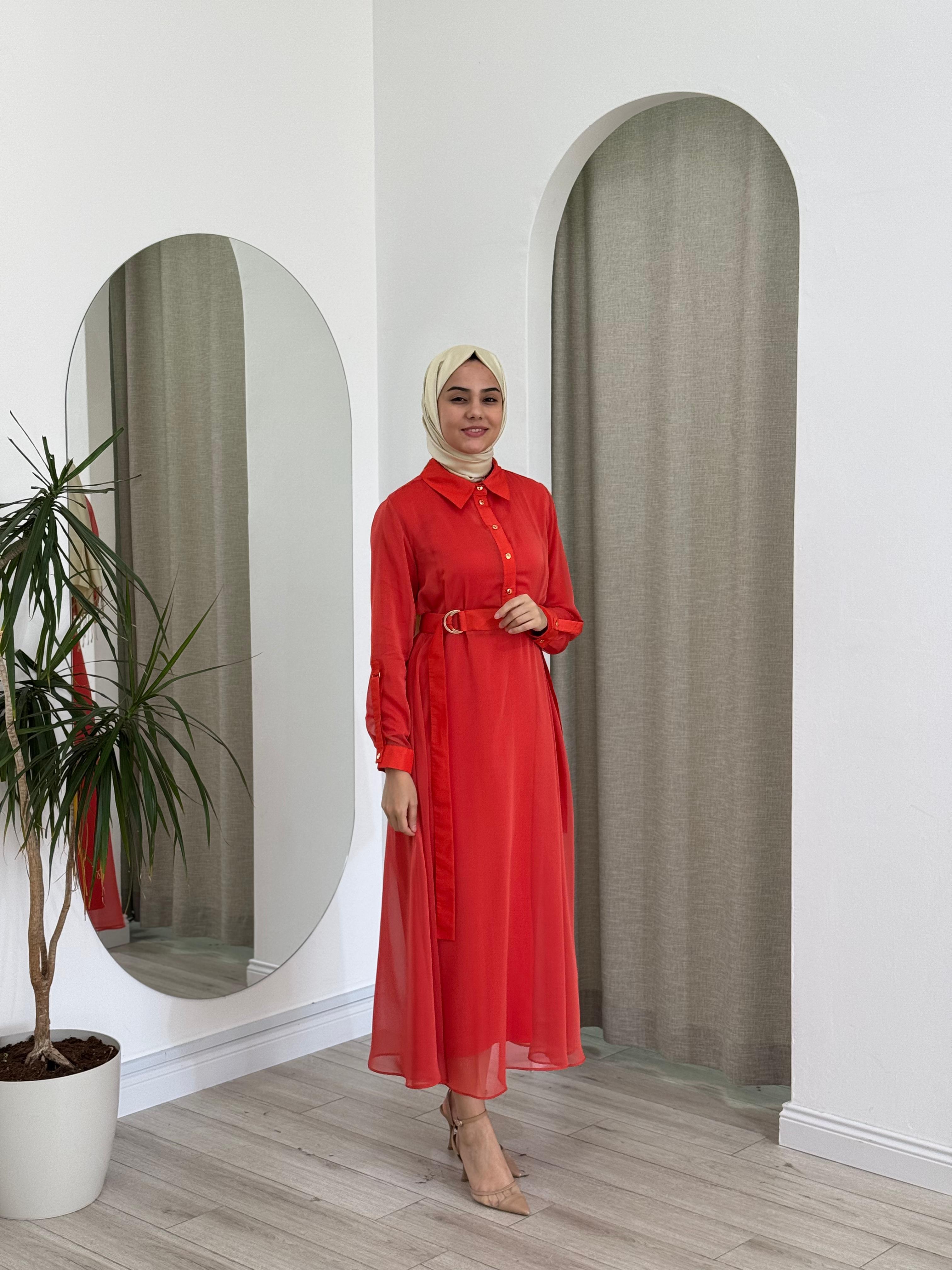 Kahma Şifon Detaylı İkili Elbise Mercan 25y13150