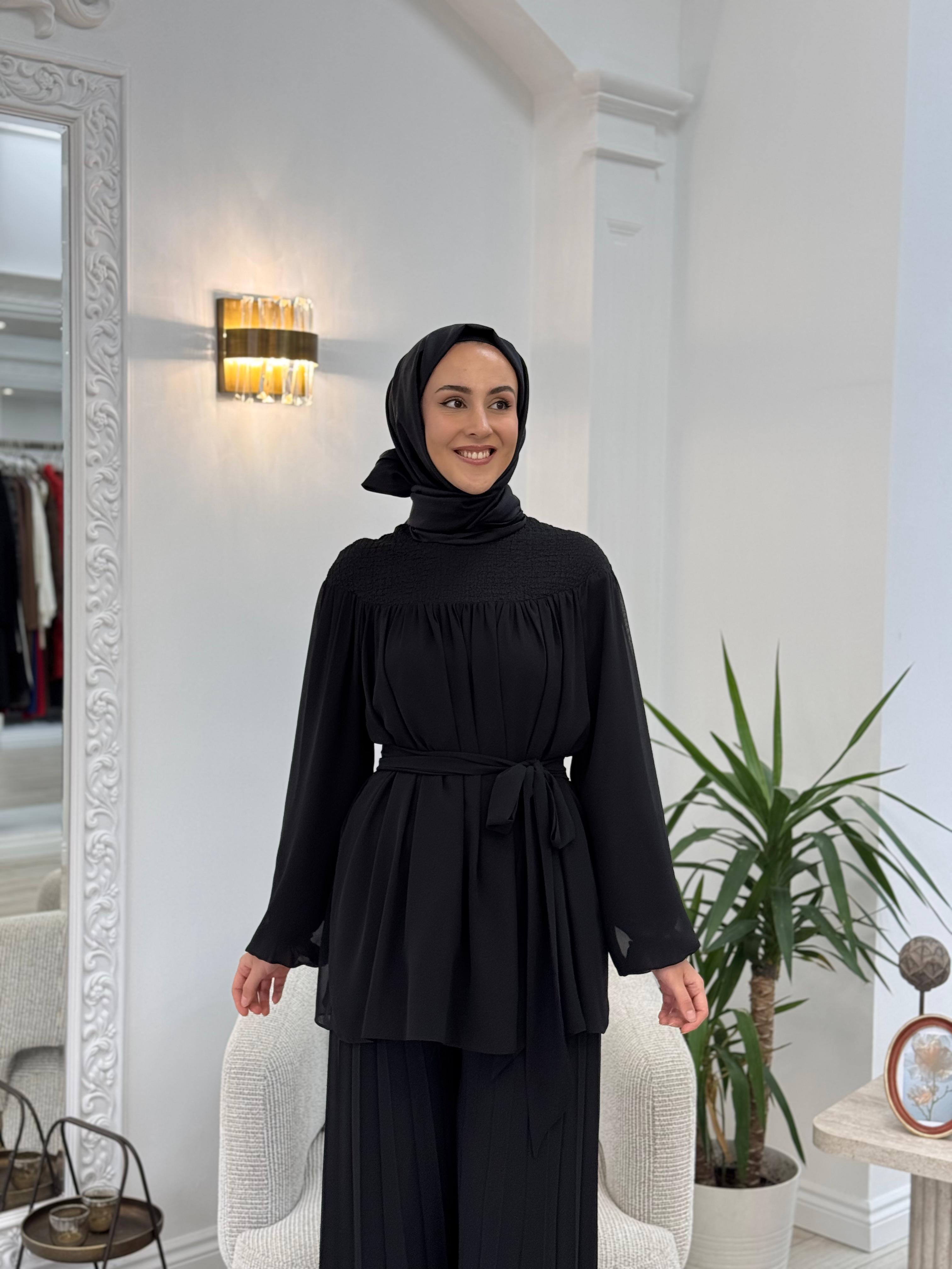 Kahma Şifon Detaylı Siyah Bluz 25y17163