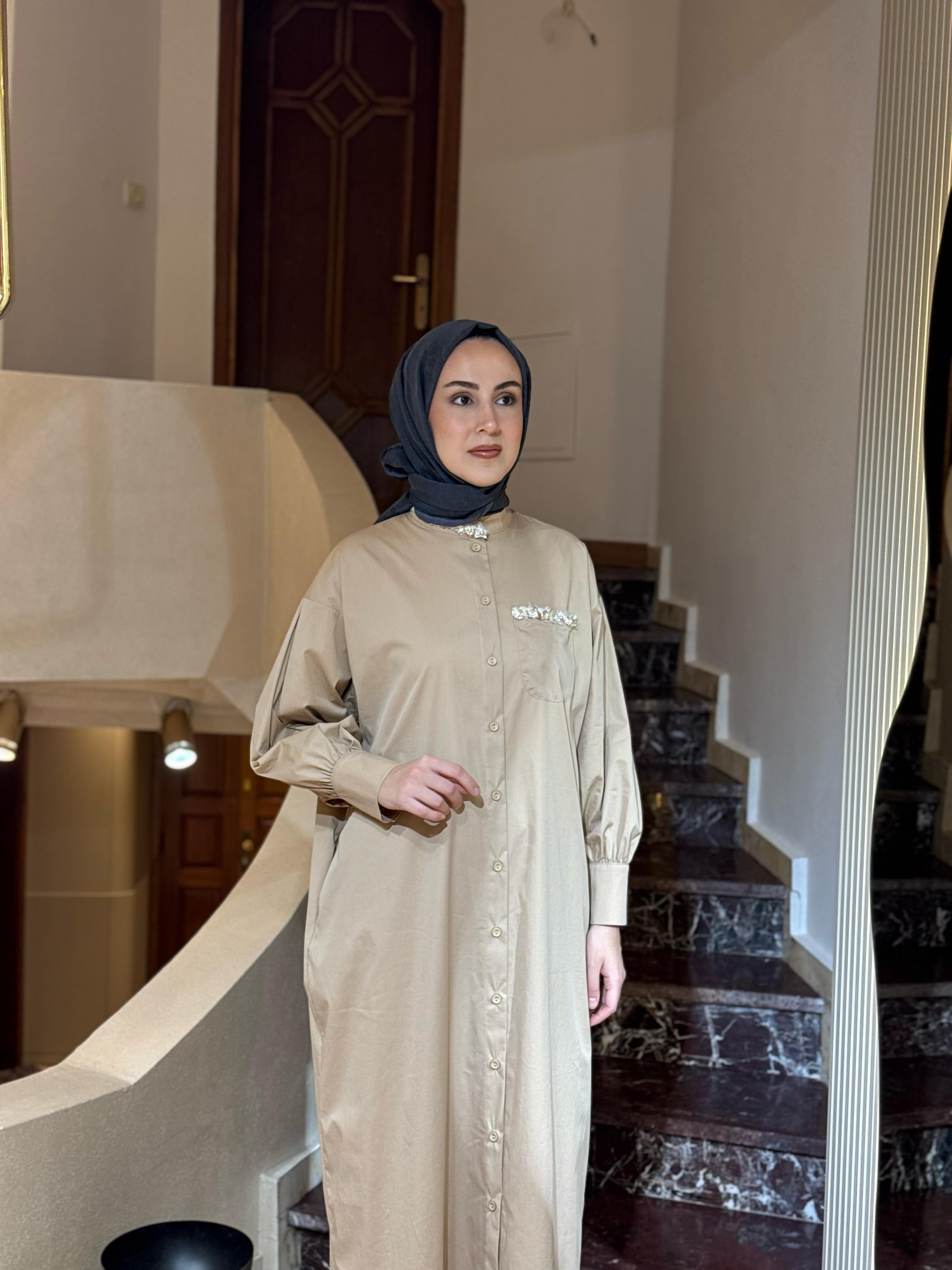 Kahma Yaka Detaylı Elbise Kap Latte 25y13156