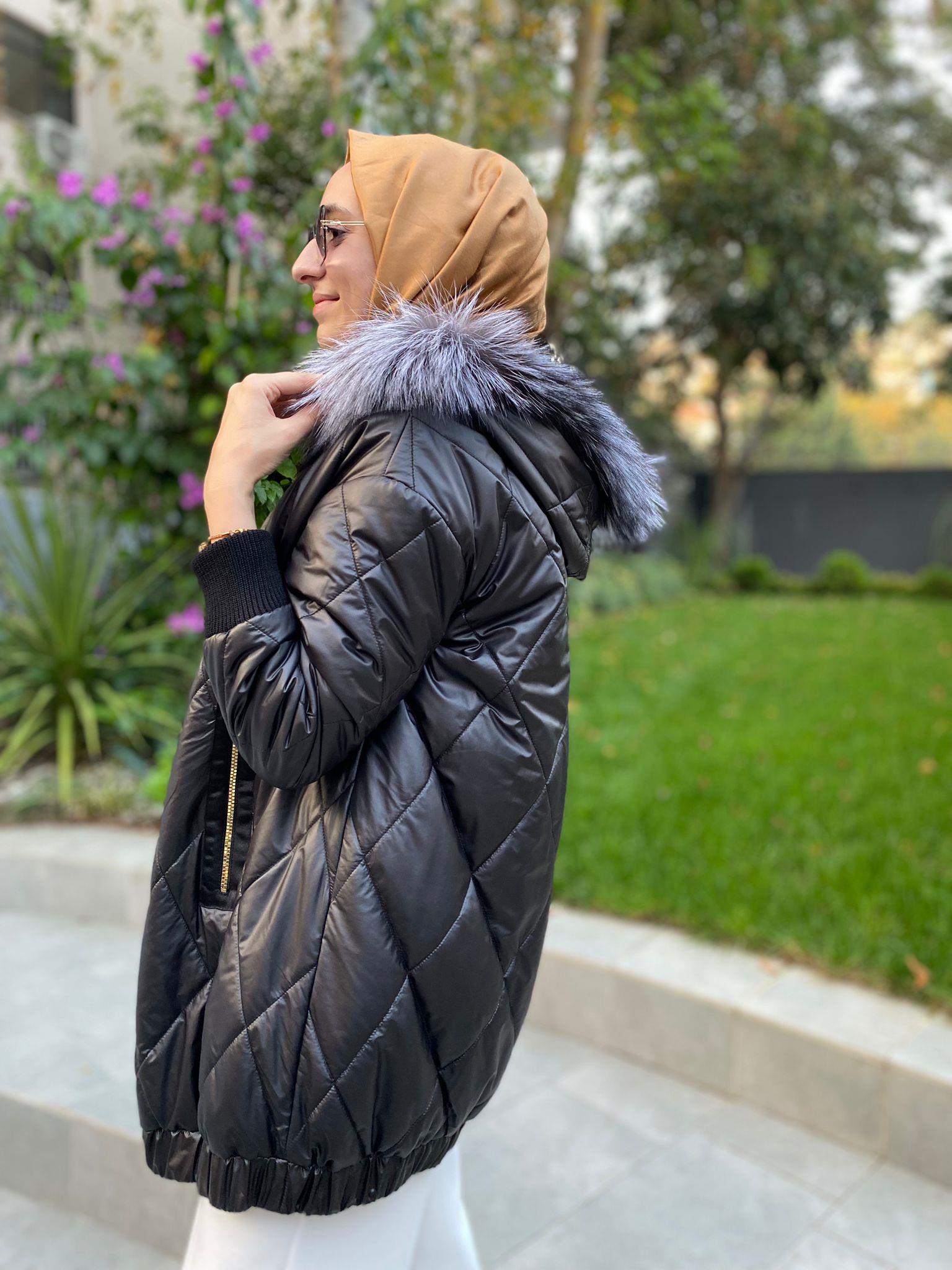 Miss Dalida Baklava Dilimli Kürklü Mont Siyah t24k-8015