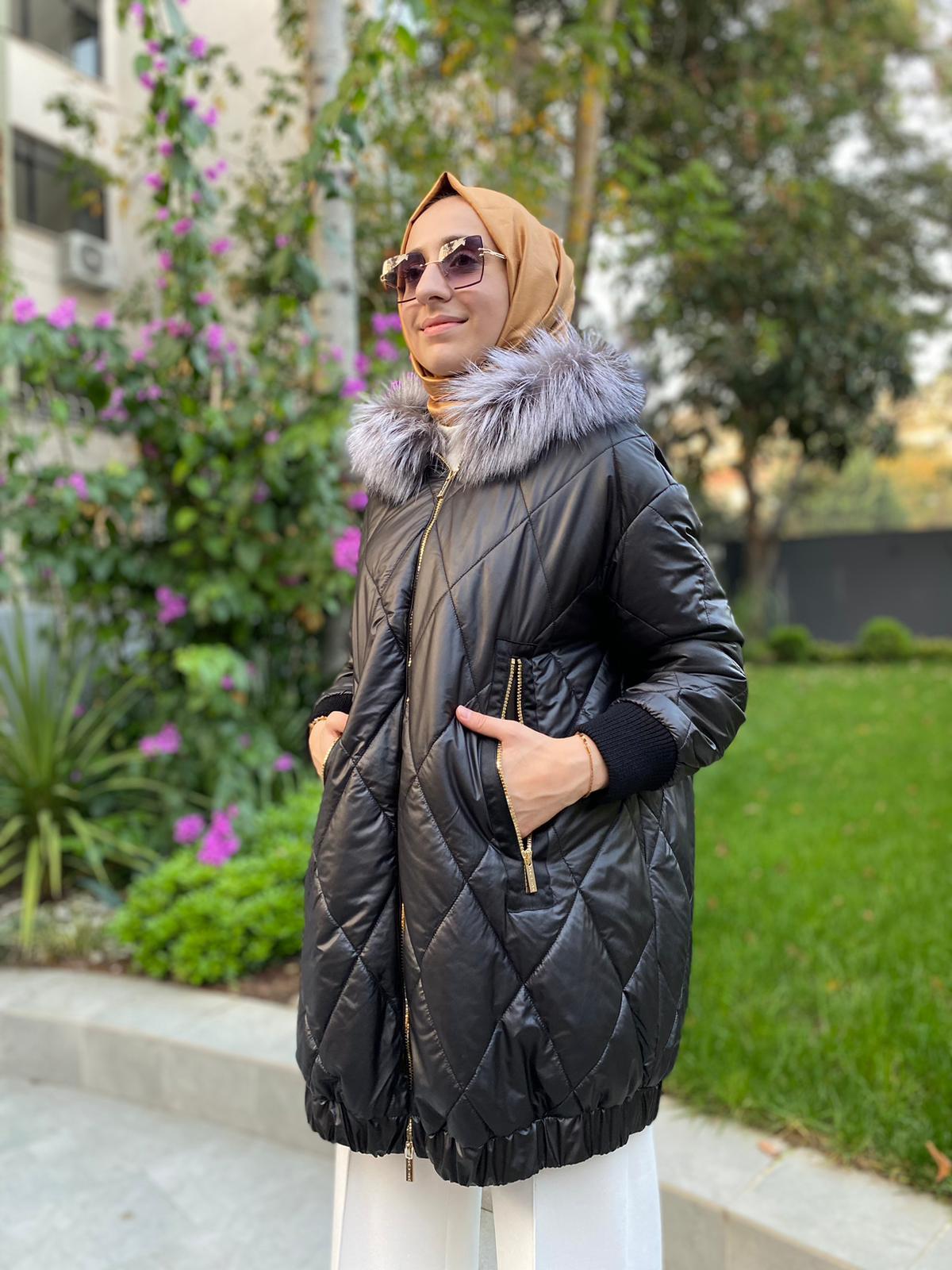 Miss Dalida Baklava Dilimli Kürklü Mont Siyah t24k-8015