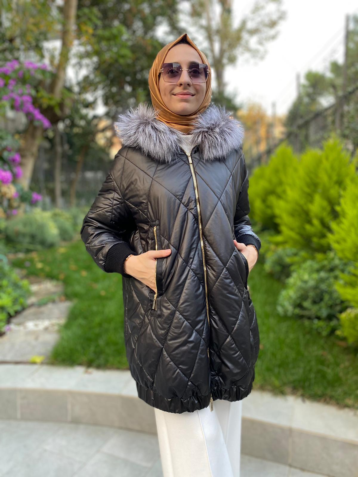 Miss Dalida Baklava Dilimli Kürklü Mont Siyah t24k-8015