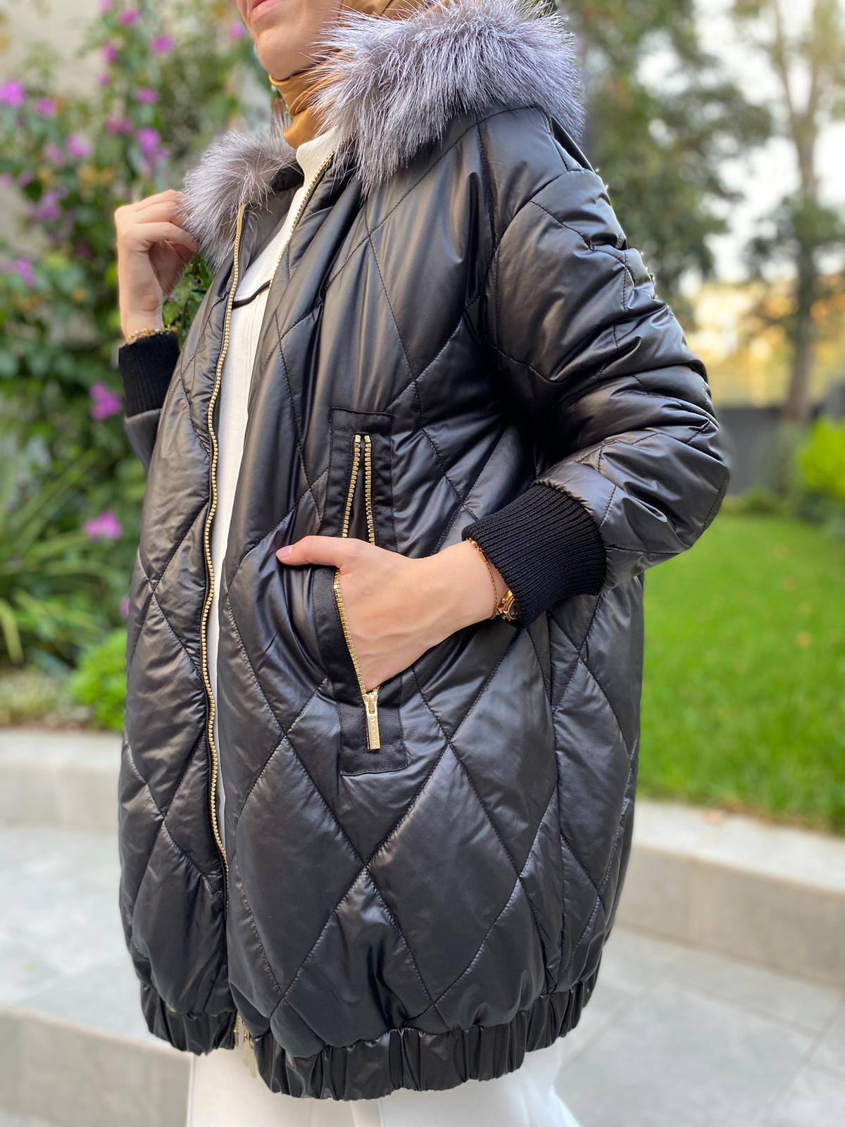 Miss Dalida Baklava Dilimli Kürklü Mont Siyah t24k-8015