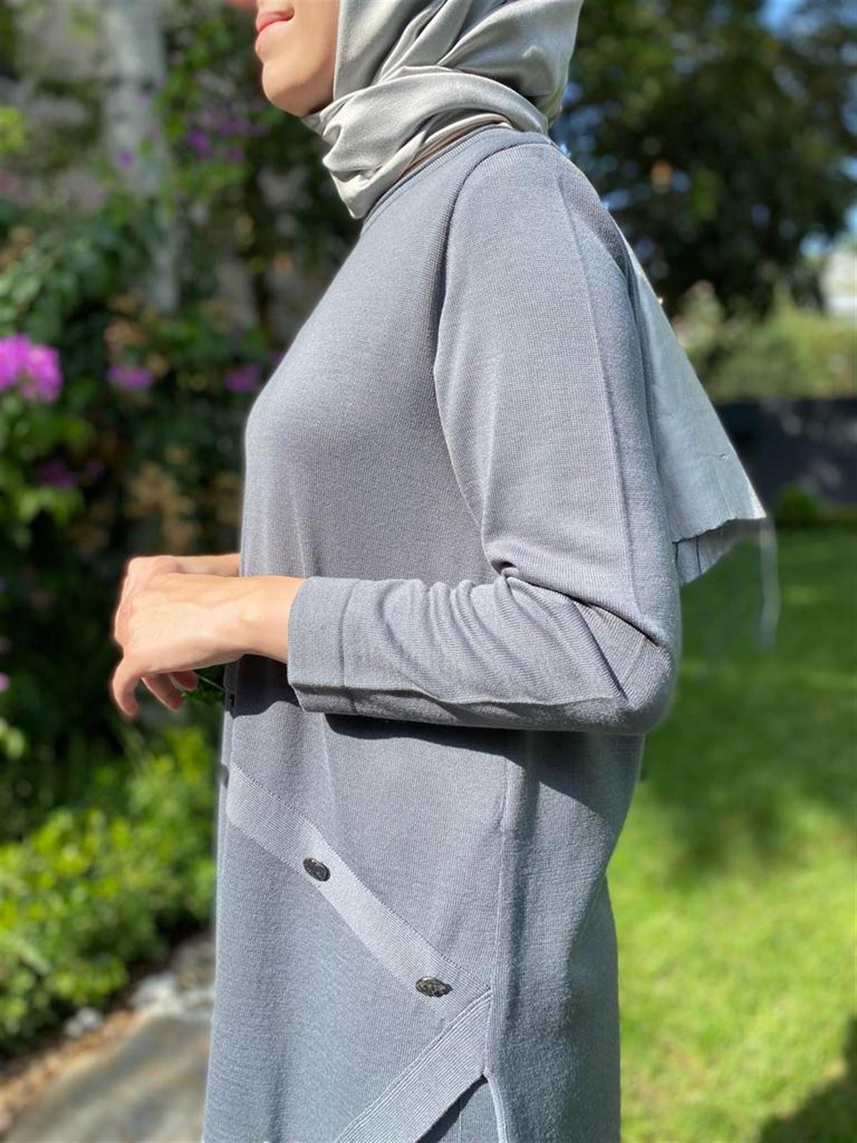 Miss Dalida Düğme Aksesuarlı Triko Tunik Koyu Gri  t24k-6015