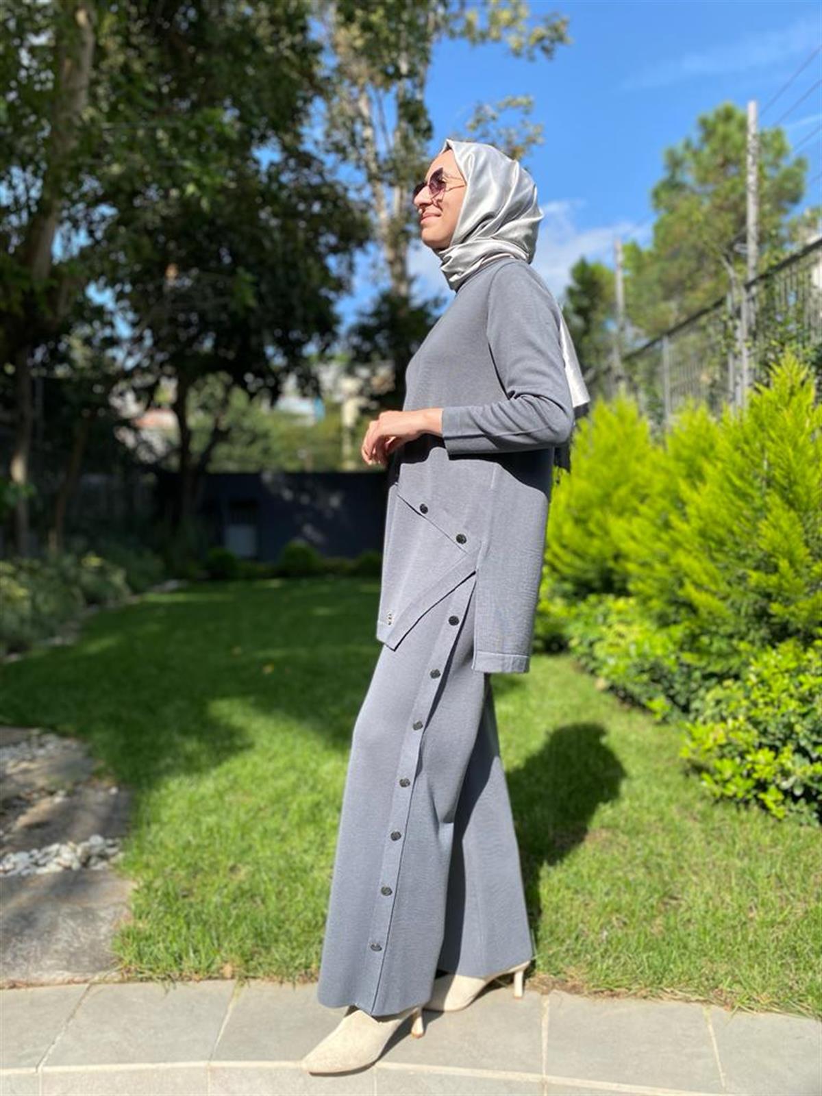Miss Dalida Düğme Aksesuarlı Triko Tunik Koyu Gri  t24k-6015