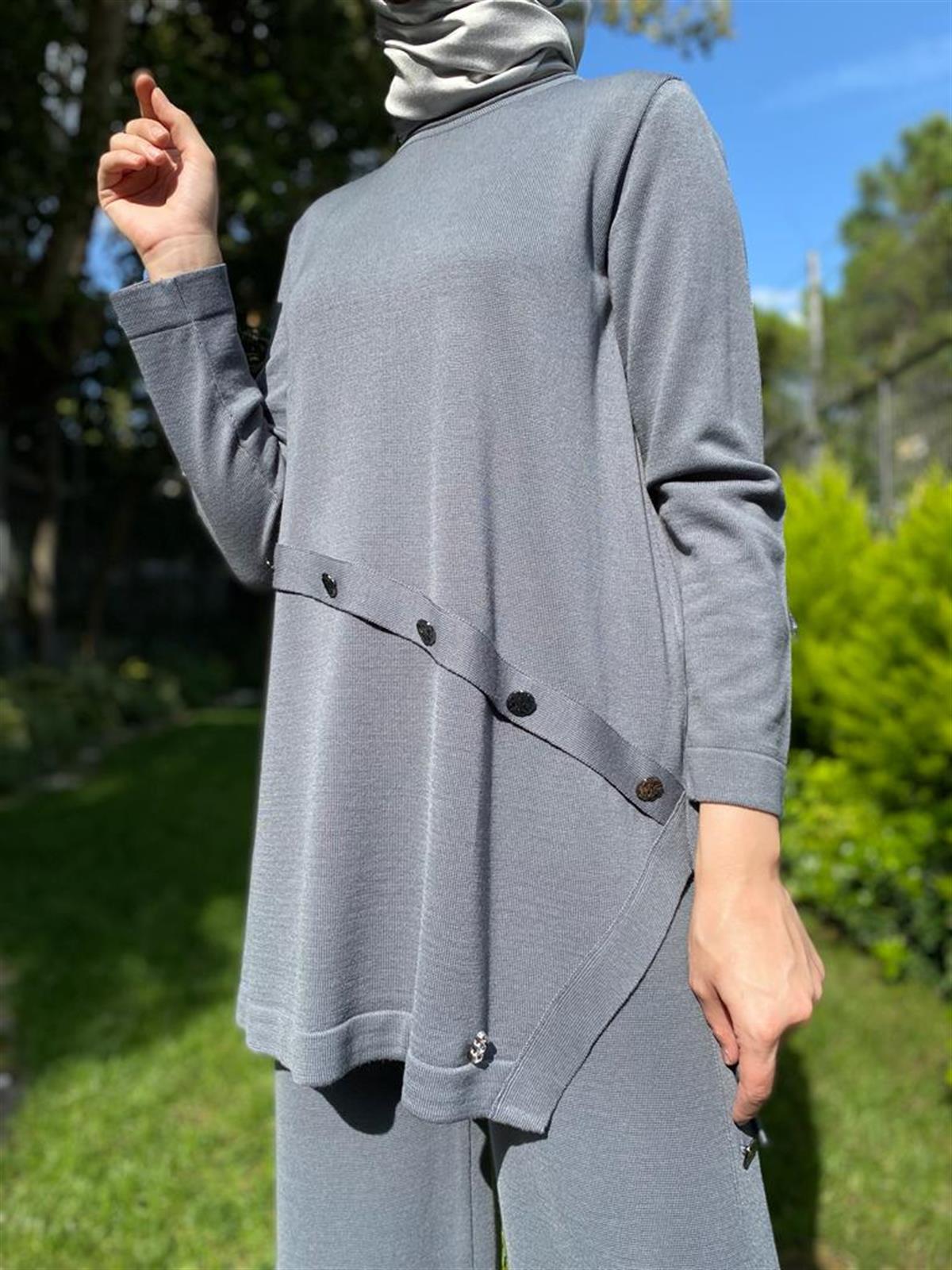Miss Dalida Düğme Aksesuarlı Triko Tunik Koyu Gri  t24k-6015