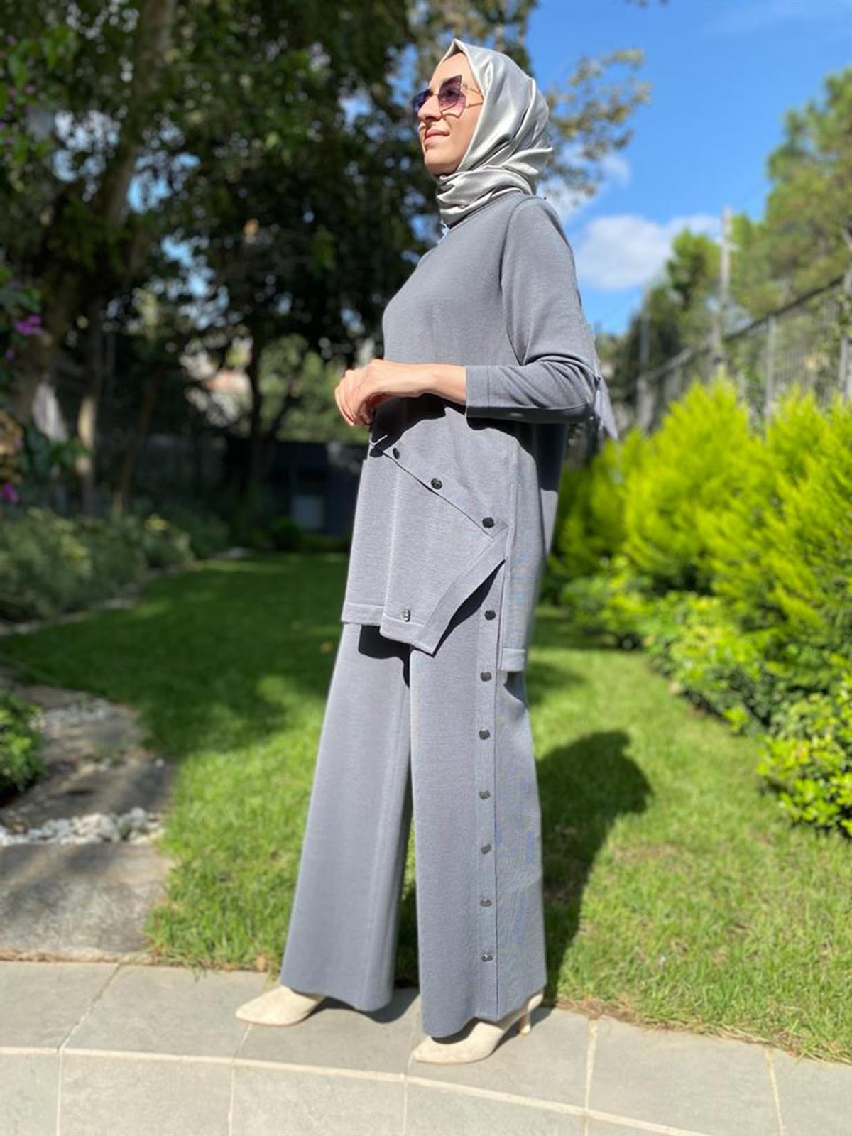 Miss Dalida Düğme Aksesuarlı Triko Tunik Koyu Gri  t24k-6015