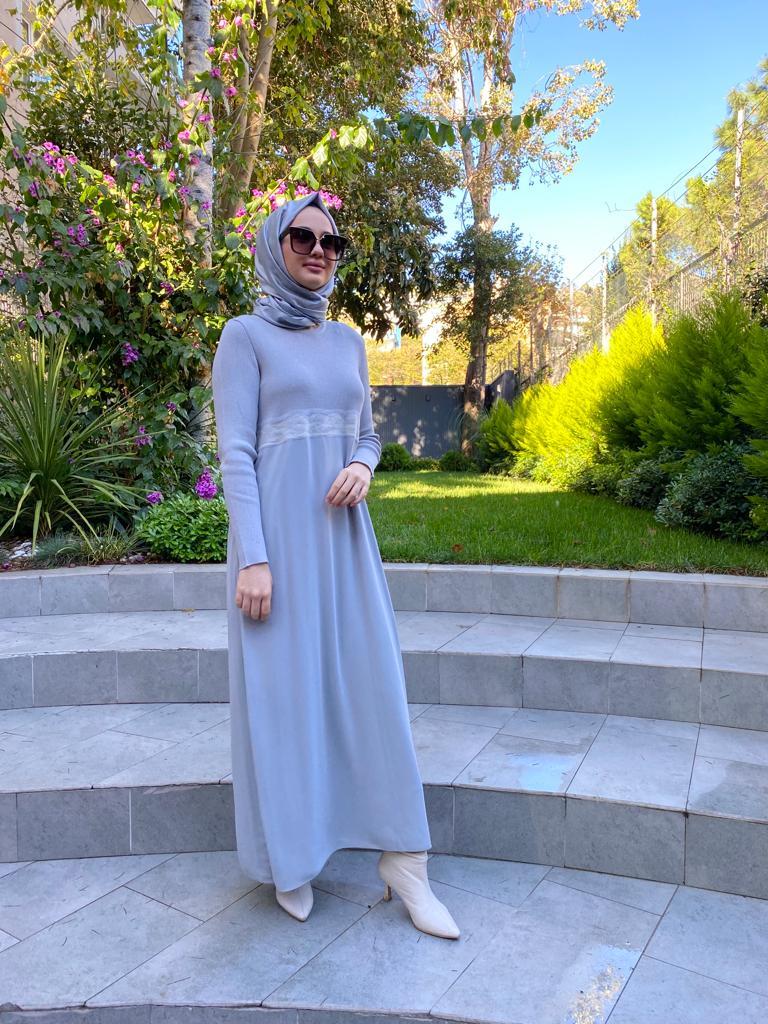 Miss Dalida Keçe Detaylı Triko Elbise Villa Gri t24k-4002