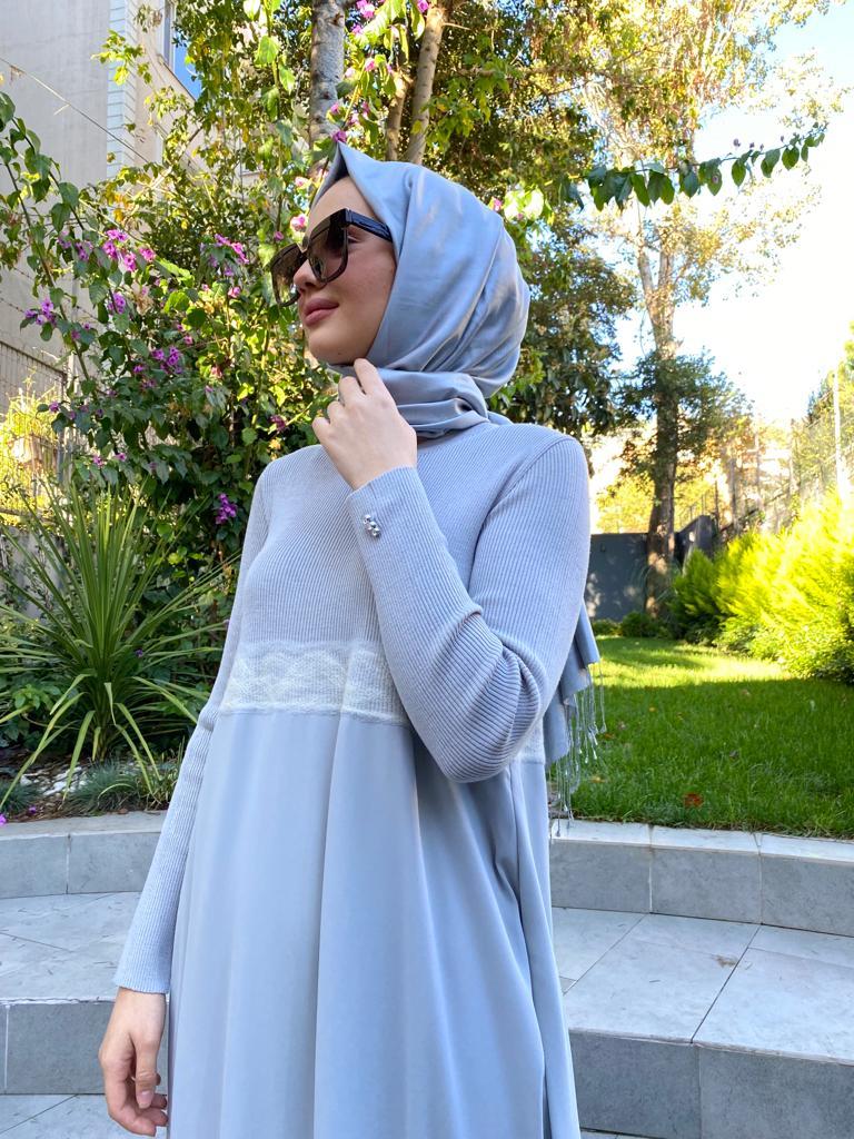 Miss Dalida Keçe Detaylı Triko Elbise Villa Gri t24k-4002