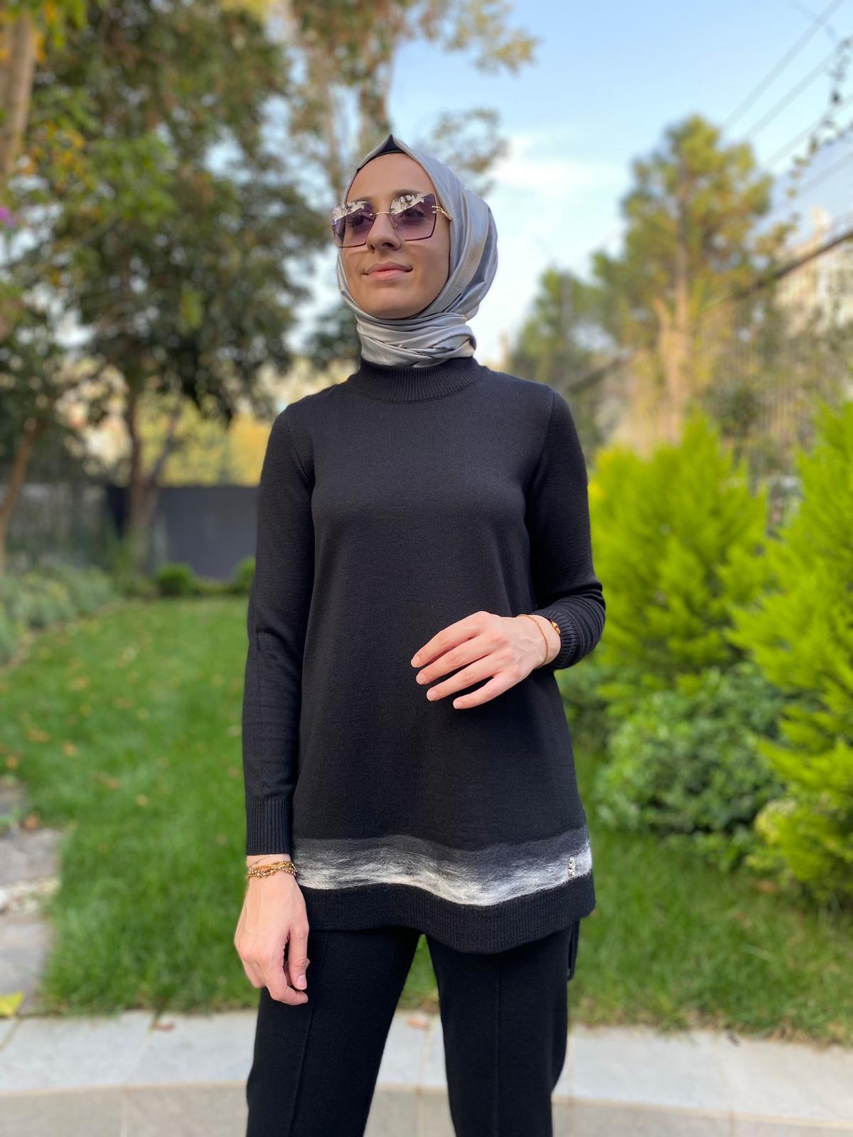 Miss Dalida Keçe Detaylı Triko Tunik Siyah T24K-6018