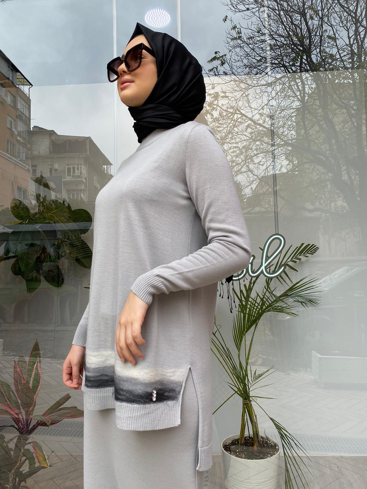 Miss Dalida Keçe Detaylı Triko Tunik Villa Gri t24k-6018