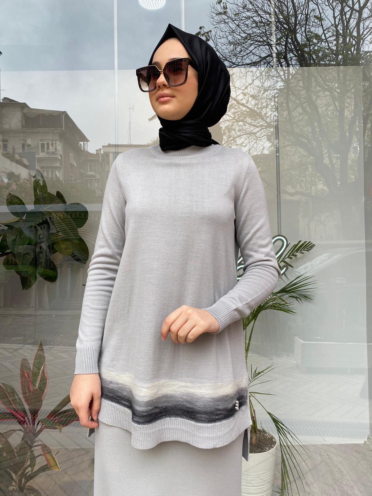 Miss Dalida Keçe Detaylı Triko Tunik Villa Gri t24k-6018