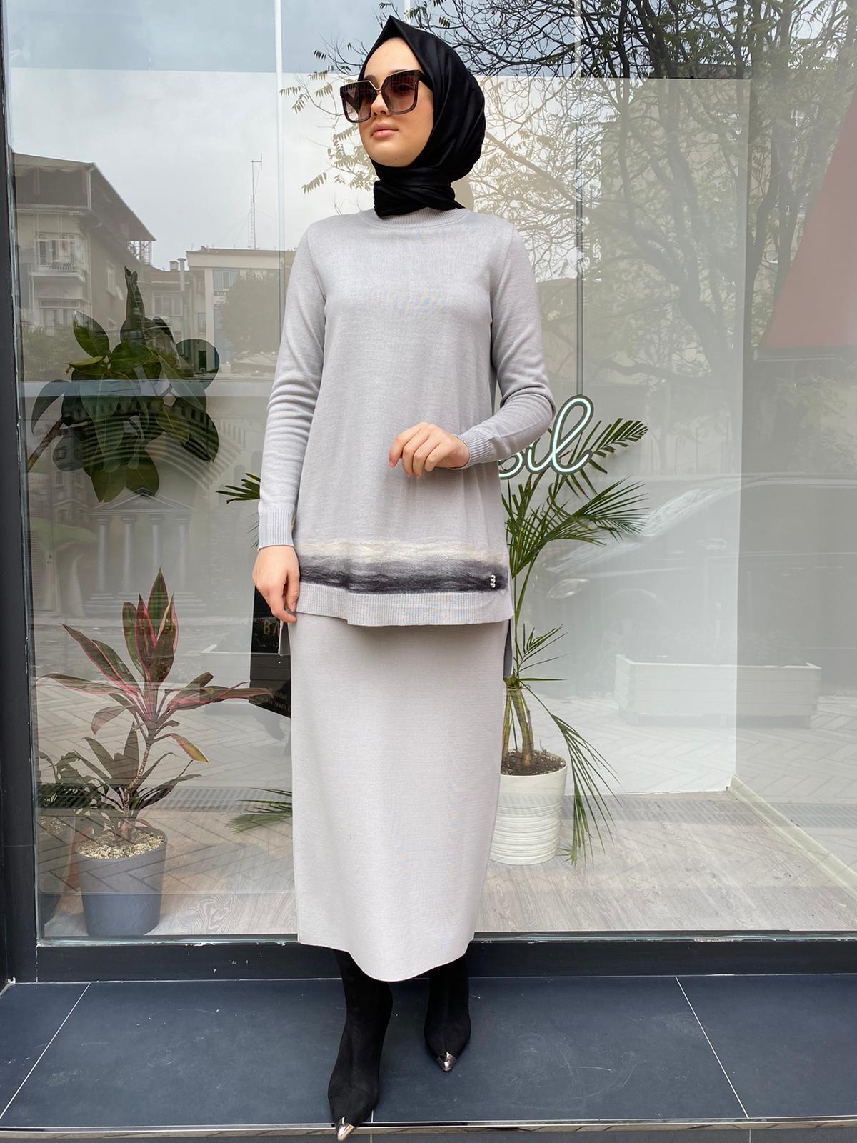 Miss Dalida Keçe Detaylı Triko Tunik Villa Gri t24k-6018