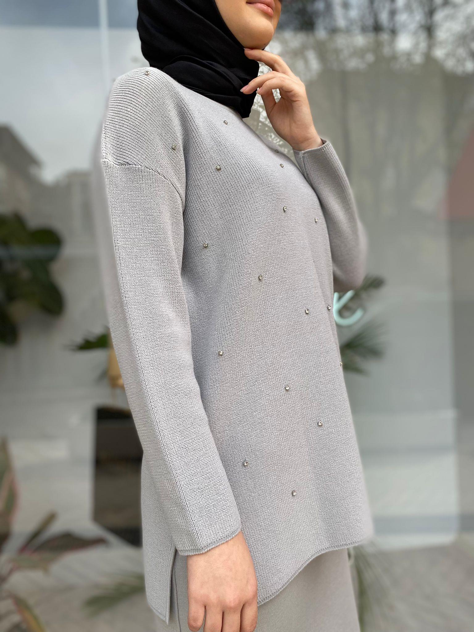 Miss Dalida Önü Taşlı Selanik Örgü Tunik Villa Gri t24k-6019