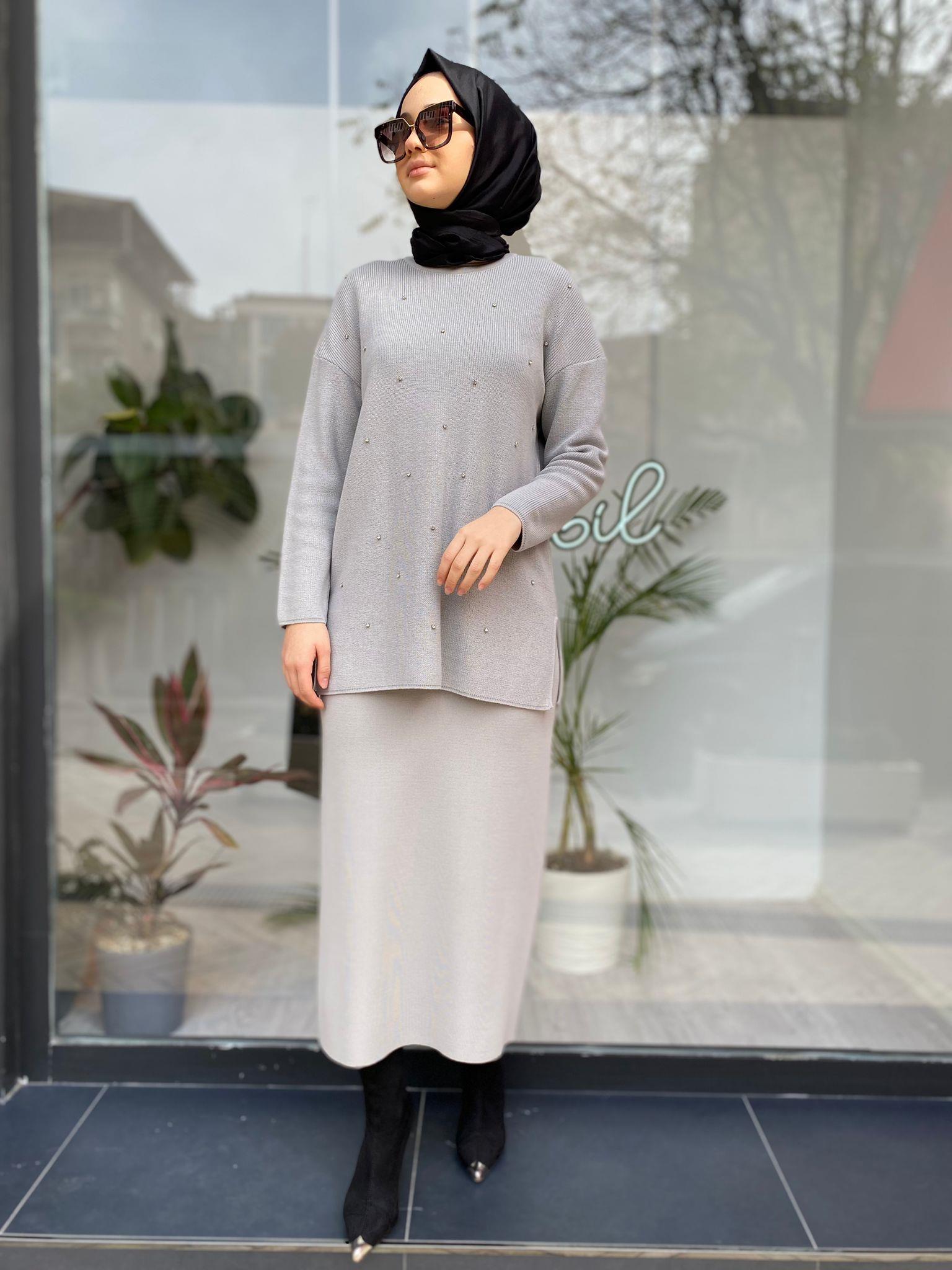 Miss Dalida Önü Taşlı Selanik Örgü Tunik Villa Gri t24k-6019