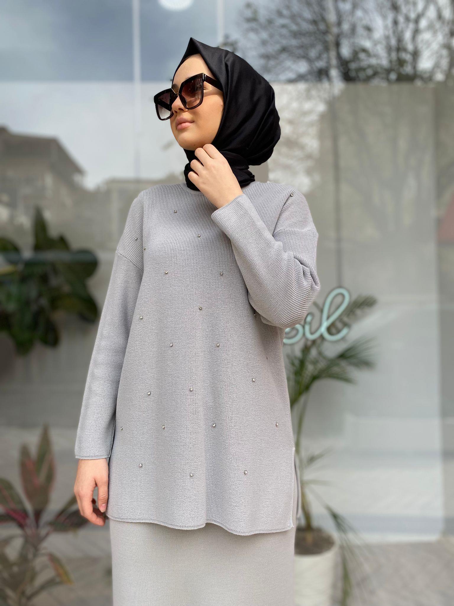 Miss Dalida Önü Taşlı Selanik Örgü Tunik Villa Gri t24k-6019