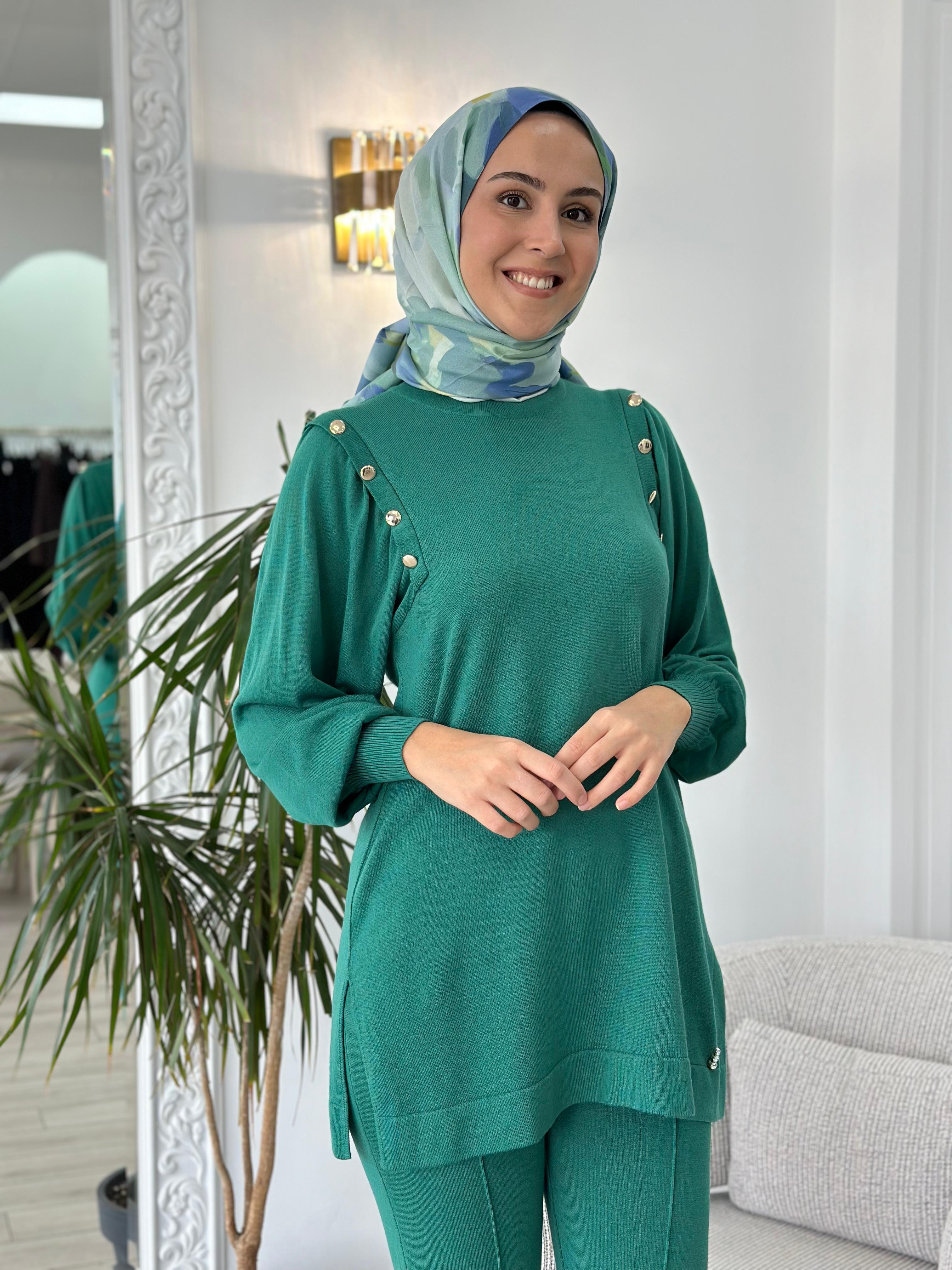 Miss Dalida Paçası Düğme Detaylı Triko Pantolon Zümrüt t24k-7010