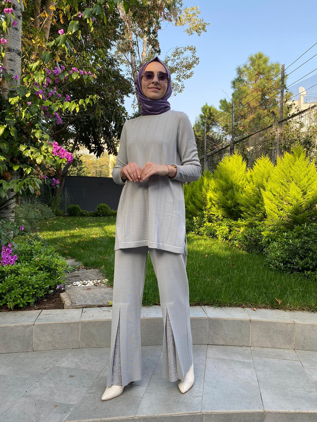 Miss Dalida Paçası Taşlı Triko Pantolon Villa Gri t24k-7011