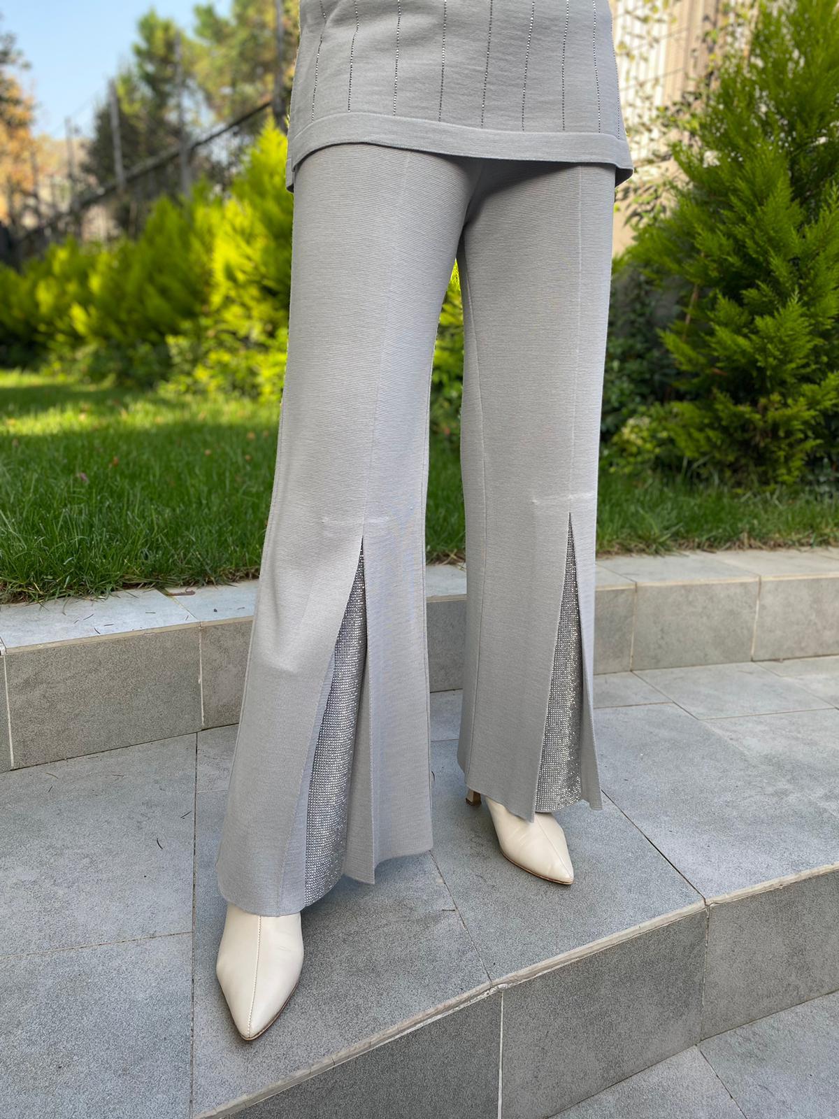 Miss Dalida Paçası Taşlı Triko Pantolon Villa Gri t24k-7011