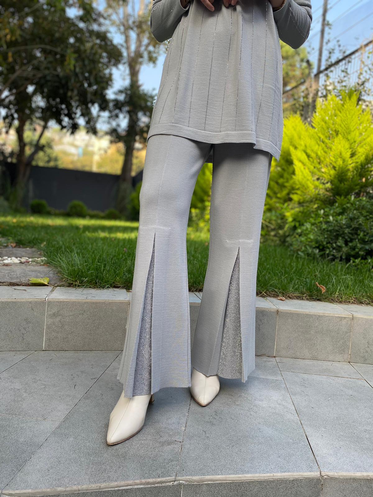 Miss Dalida Paçası Taşlı Triko Pantolon Villa Gri t24k-7011