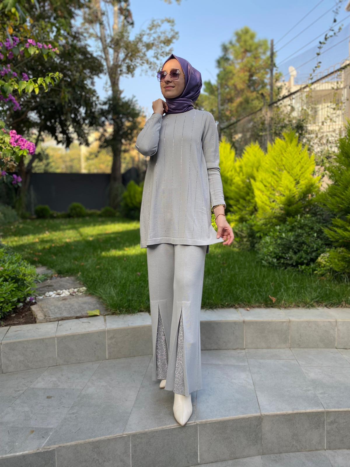 Miss Dalida Paçası Taşlı Triko Pantolon Villa Gri t24k-7011