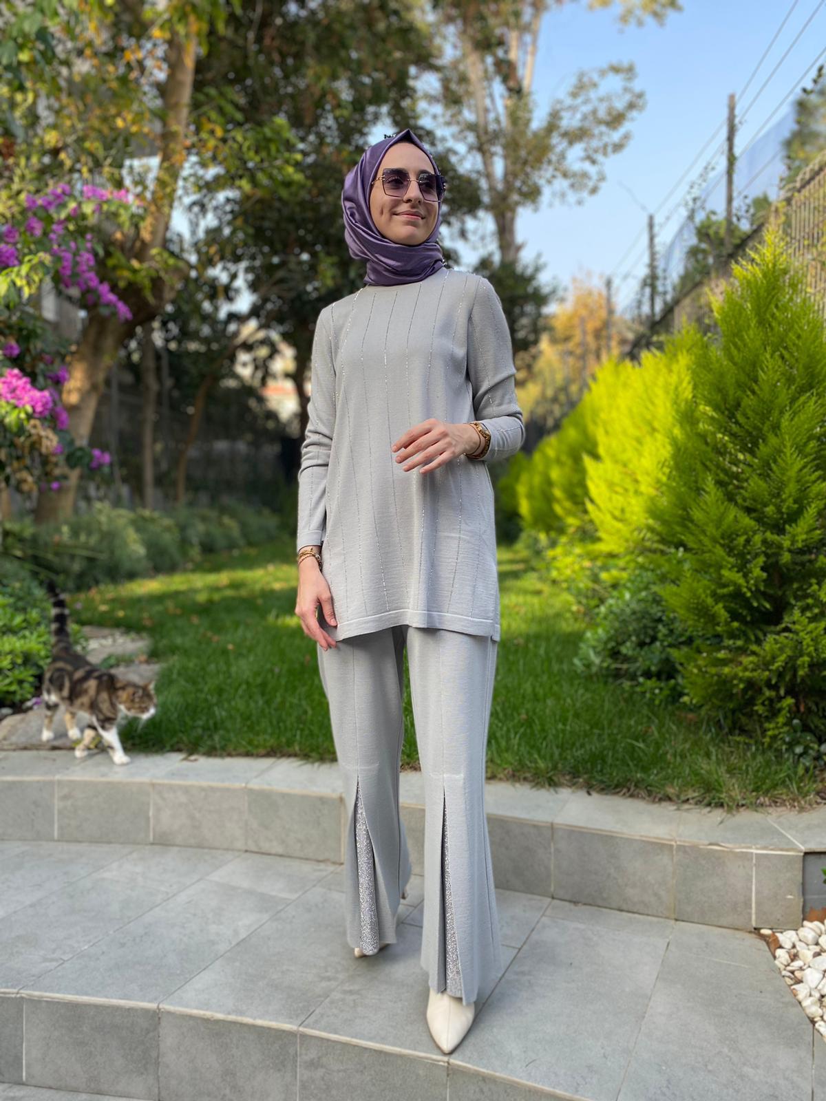 Miss Dalida Paçası Taşlı Triko Pantolon Villa Gri t24k-7011