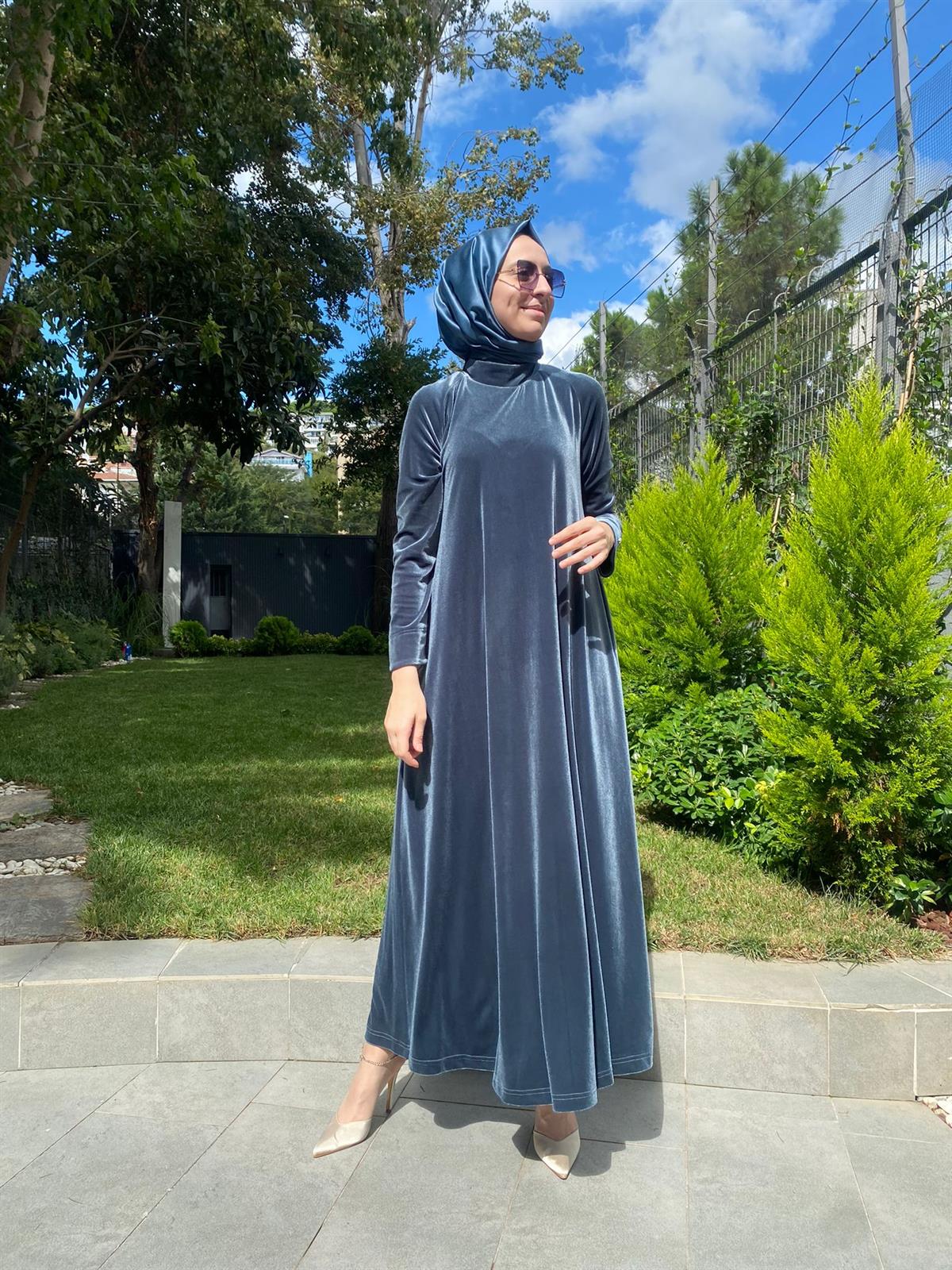 Miss Dalida Petrol Kadife Elbise T24K-4003