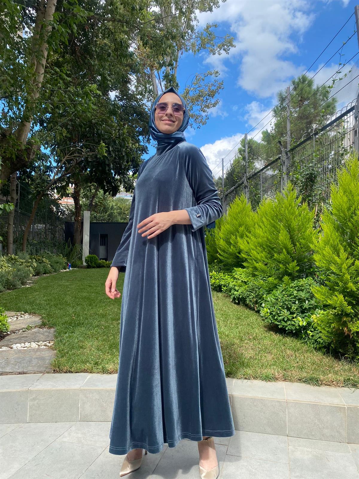 Miss Dalida Petrol Kadife Elbise T24K-4003