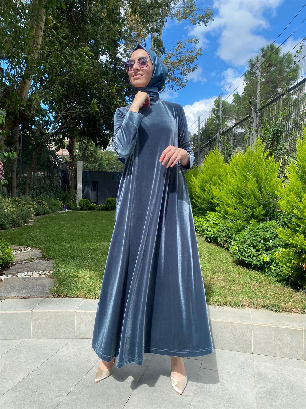Miss Dalida Petrol Kadife Elbise T24K-4003