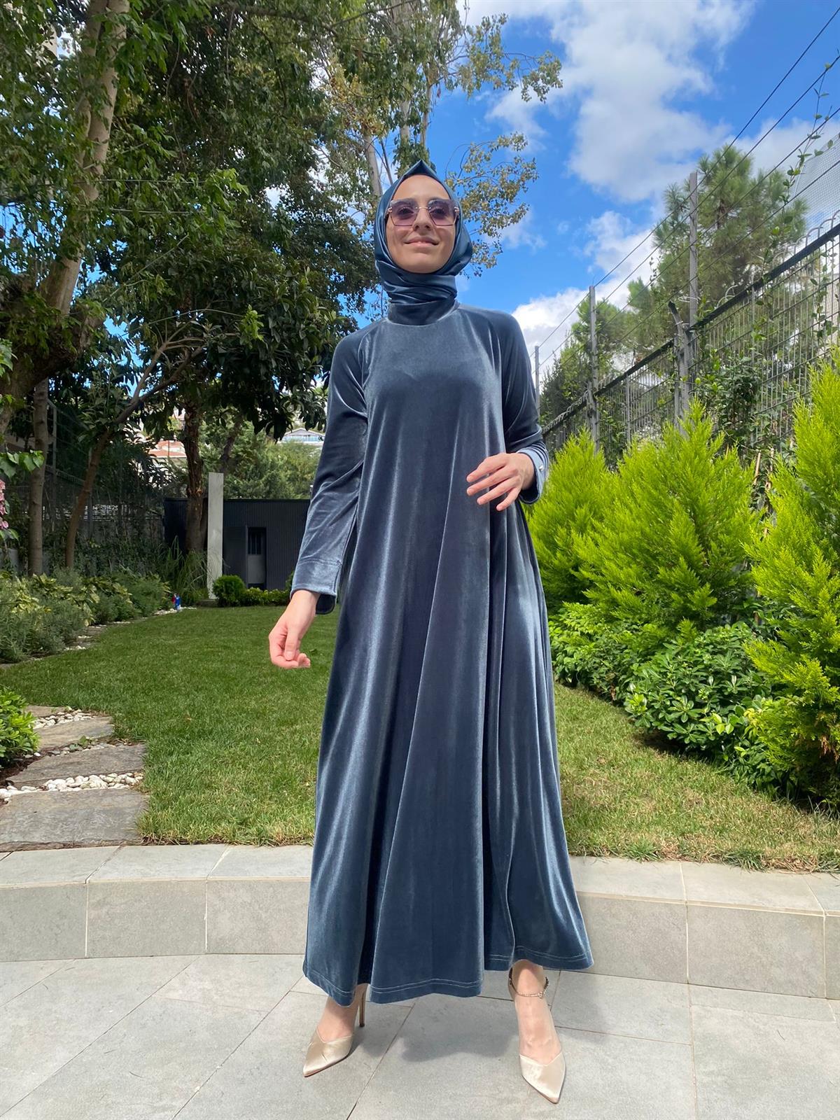 Miss Dalida Petrol Kadife Elbise T24K-4003