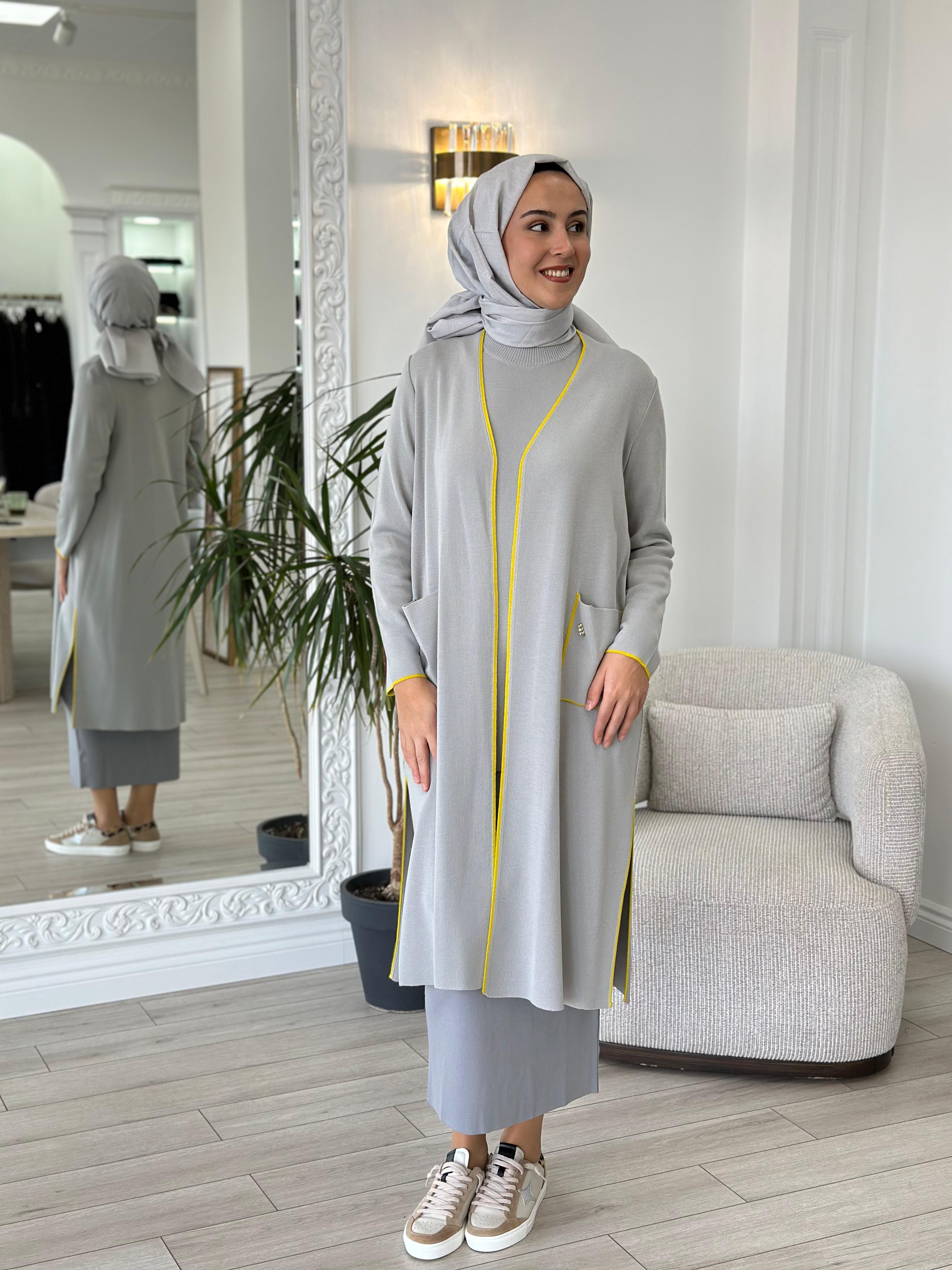 Miss Dalida Renk Şeritli Uzun Triko Hırka Villa Gri t24k-9015