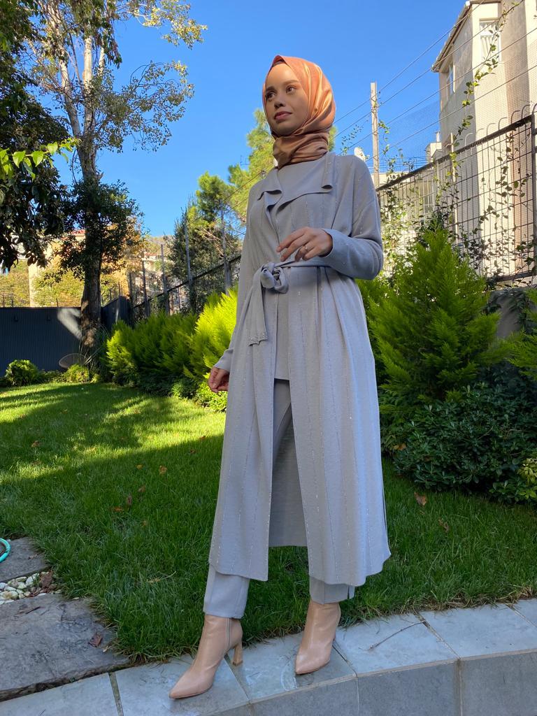 Miss Dalida Taş Detaylı Şal Yaka Uzun Hırka Villa Gri 