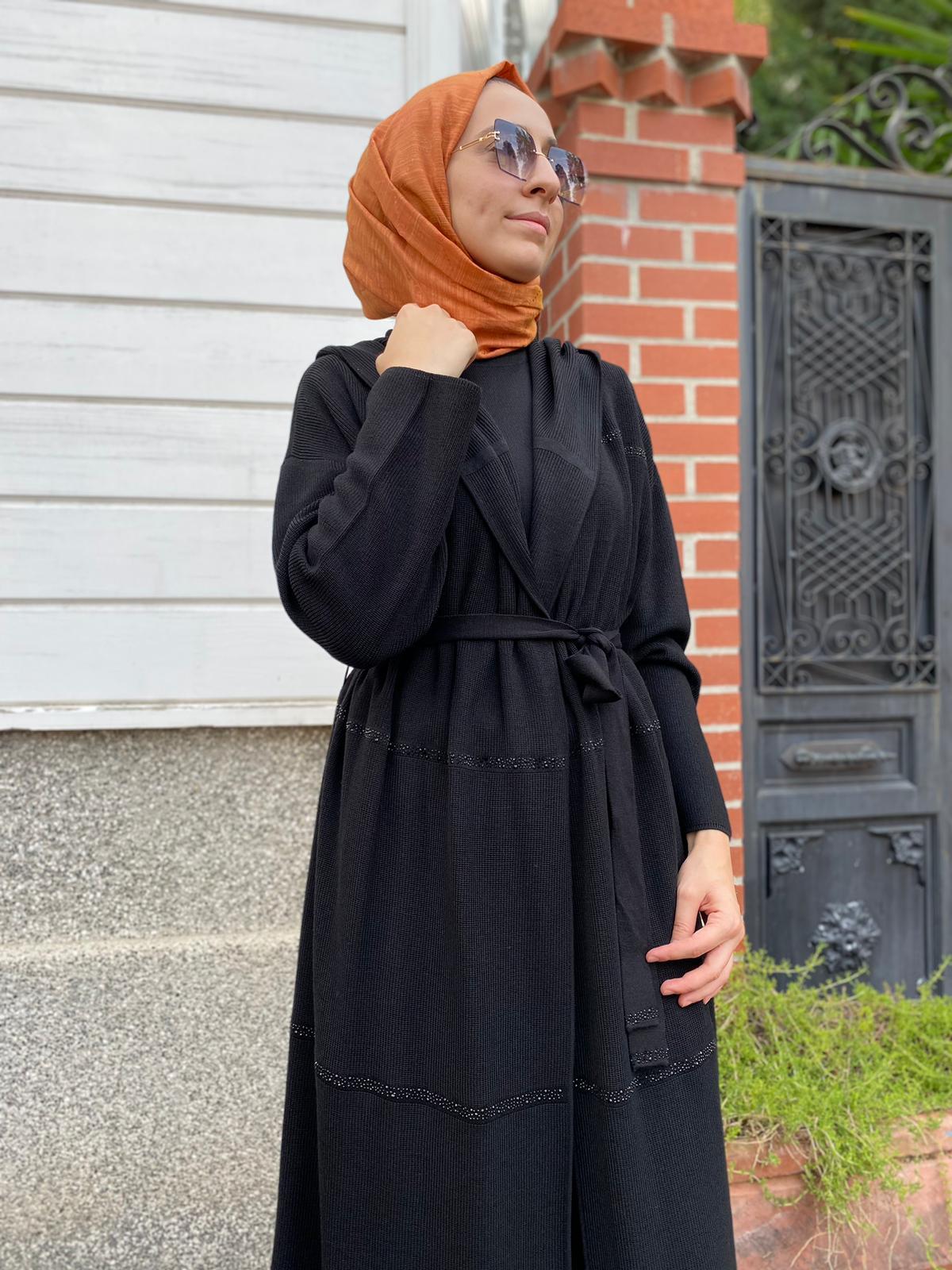 Miss Dalida Taş Şeritli Triko Uzun Hırka Siyah t24k-9009