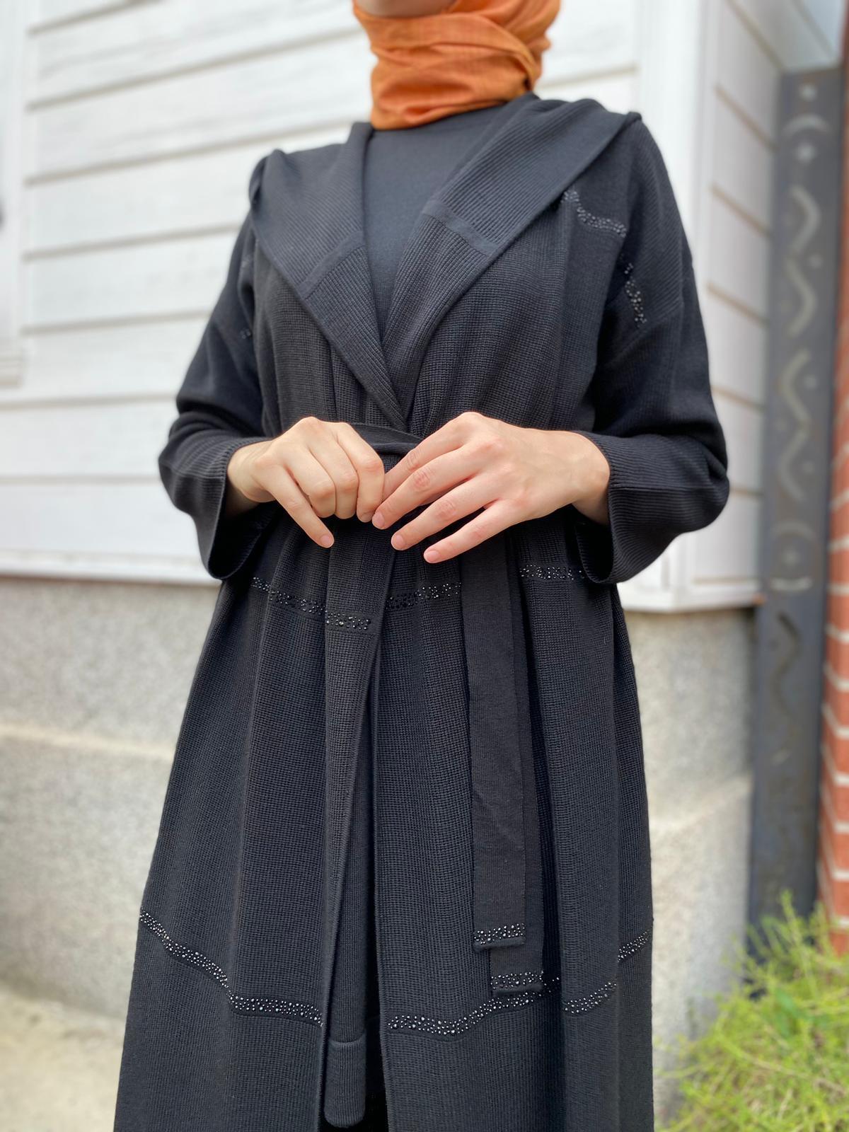 Miss Dalida Taş Şeritli Triko Uzun Hırka Siyah t24k-9009