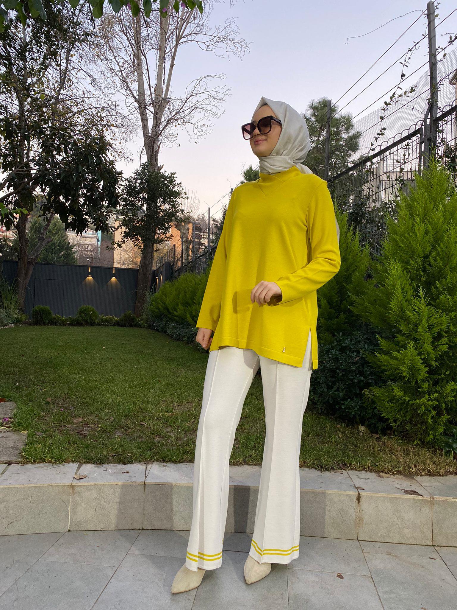 Miss Dalida V Yaka Triko Tunik Etika Yellow t24k-6011